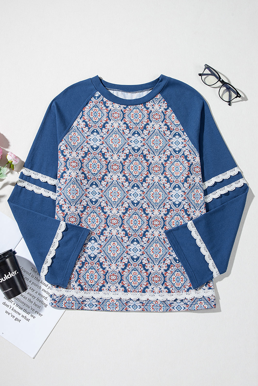 PRE-ORDER: Blue Boho Geometric Print Lace Raglan