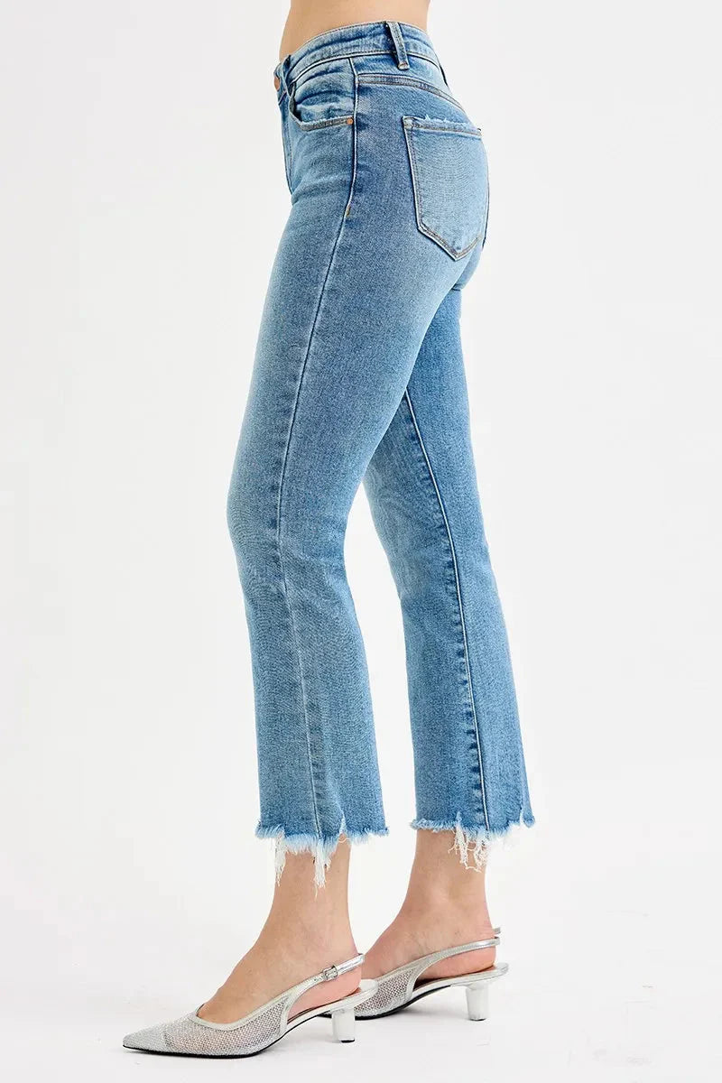 High Rise Crop Straight Slim Medium Wash Jeans