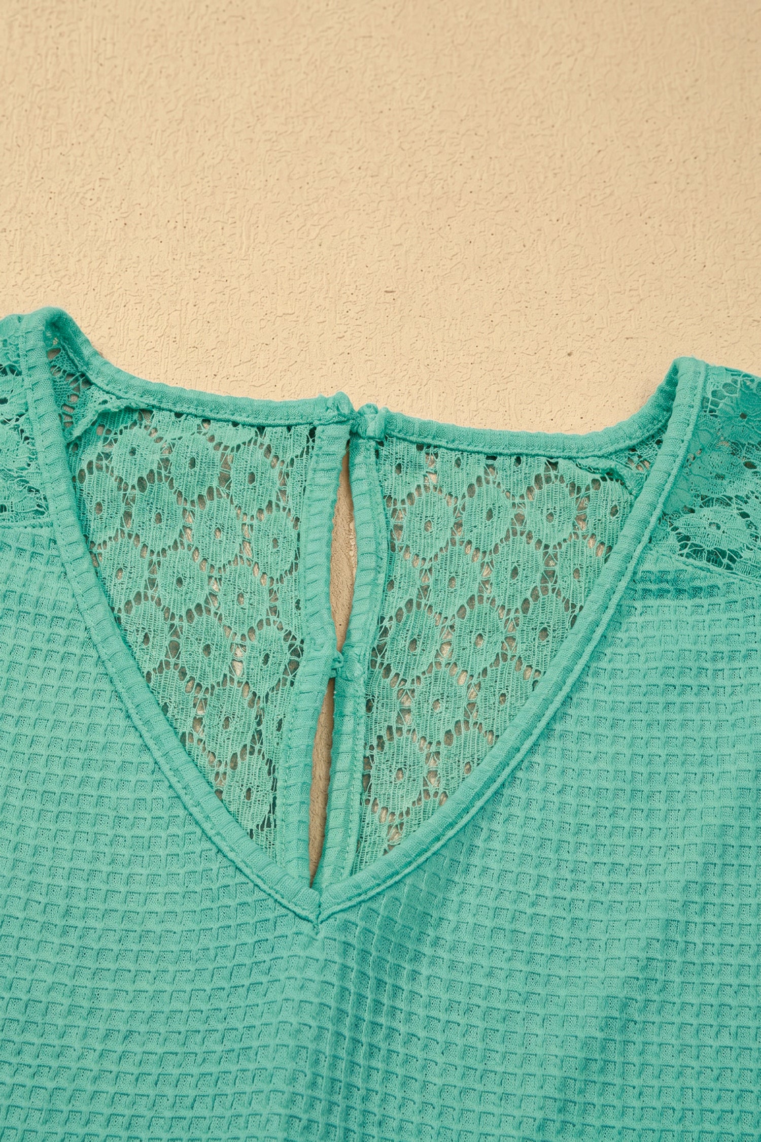 PRE-ORDER: Lace Splicing Button V Neck Waffle Knit Blouse