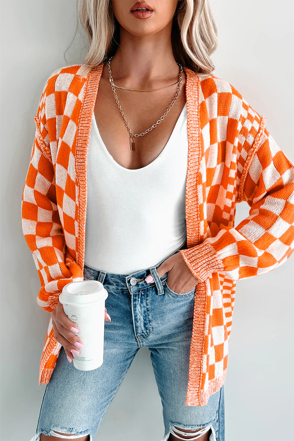 PRE-ORDER: Checkered Drop Shoulder Cardigan