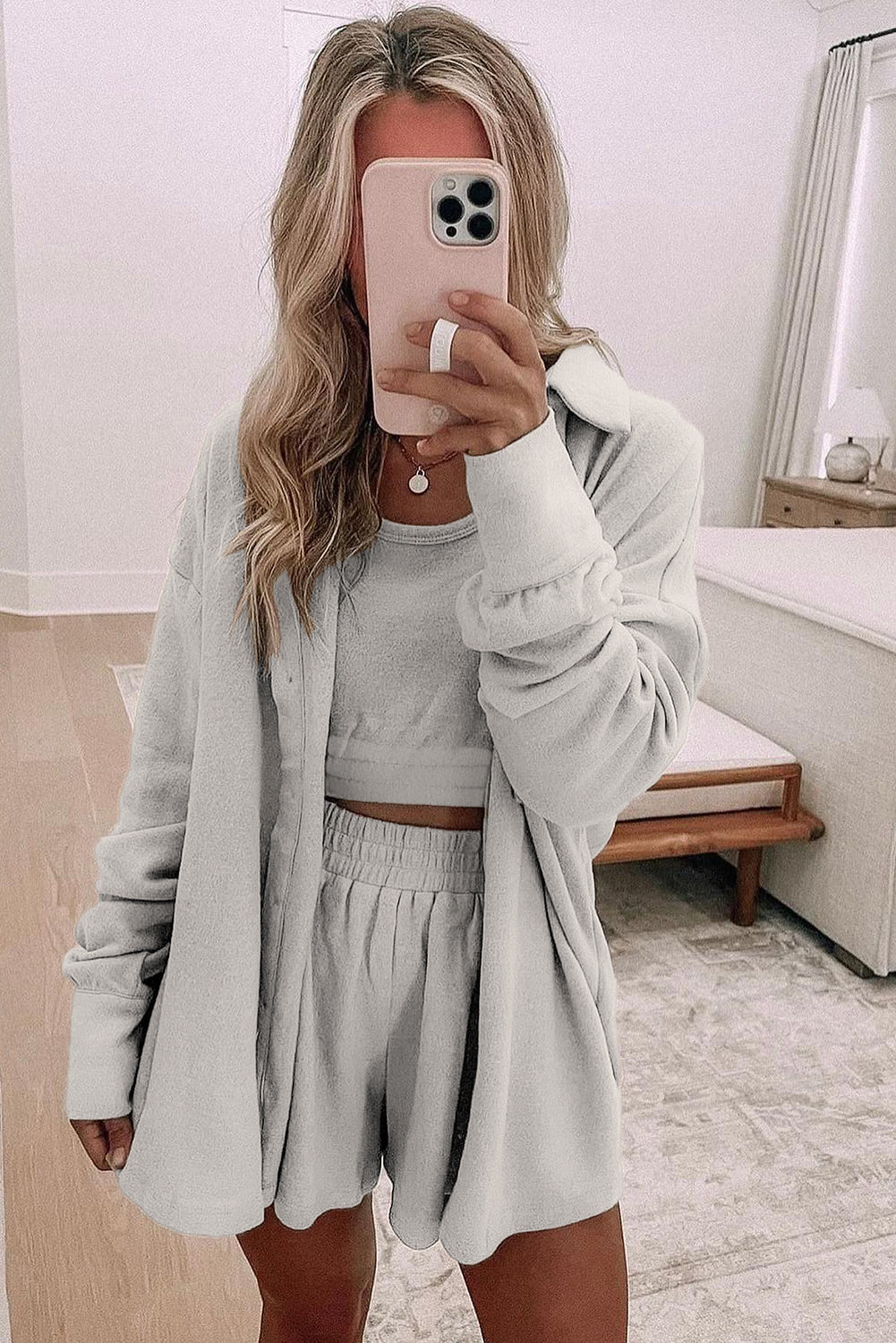PRE-ORDER: Shirred Hem Crop Tank Top Loose Shorts Cardigan 3 Piece Pajama Set