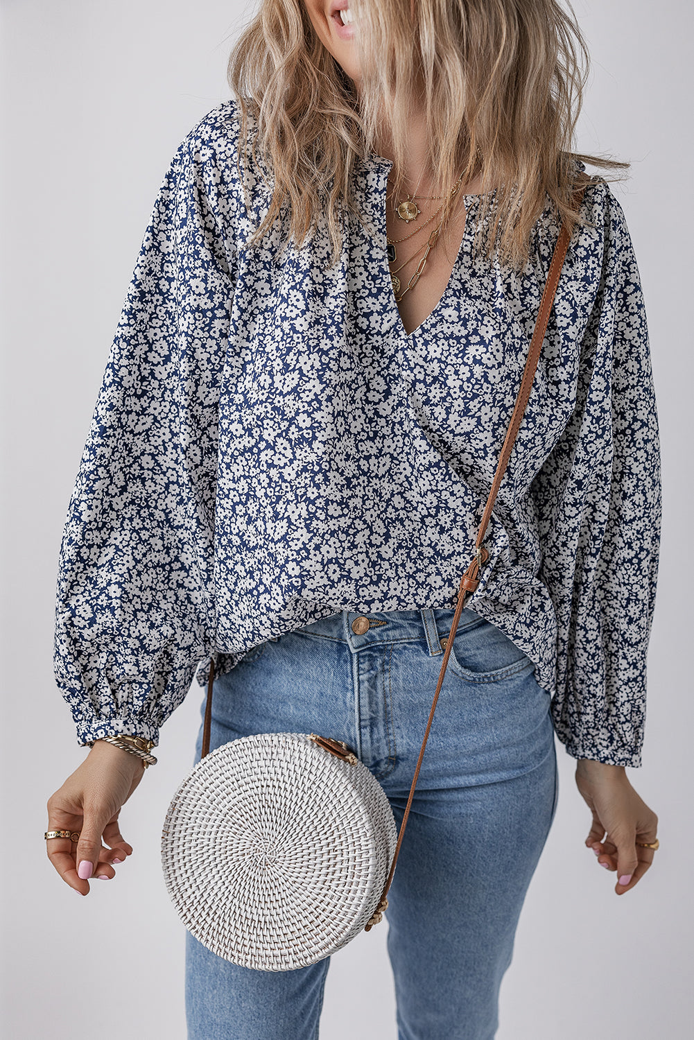 Blue Floral Print V Neck Puff Sleeve Blouse