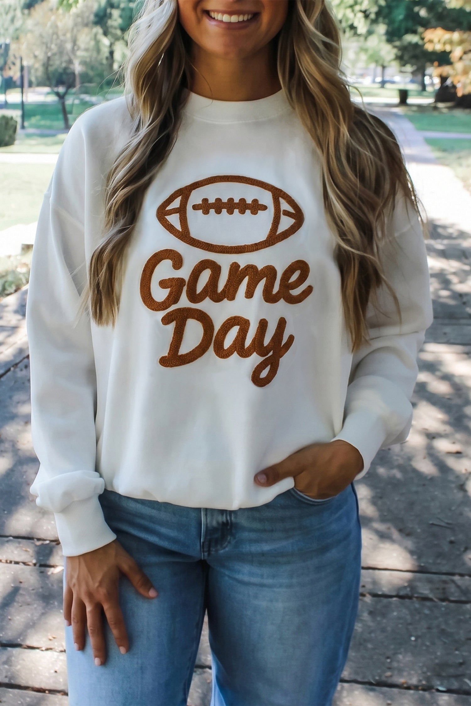 PRE-ORDER: White Embroidered Game Day Sweatshirt