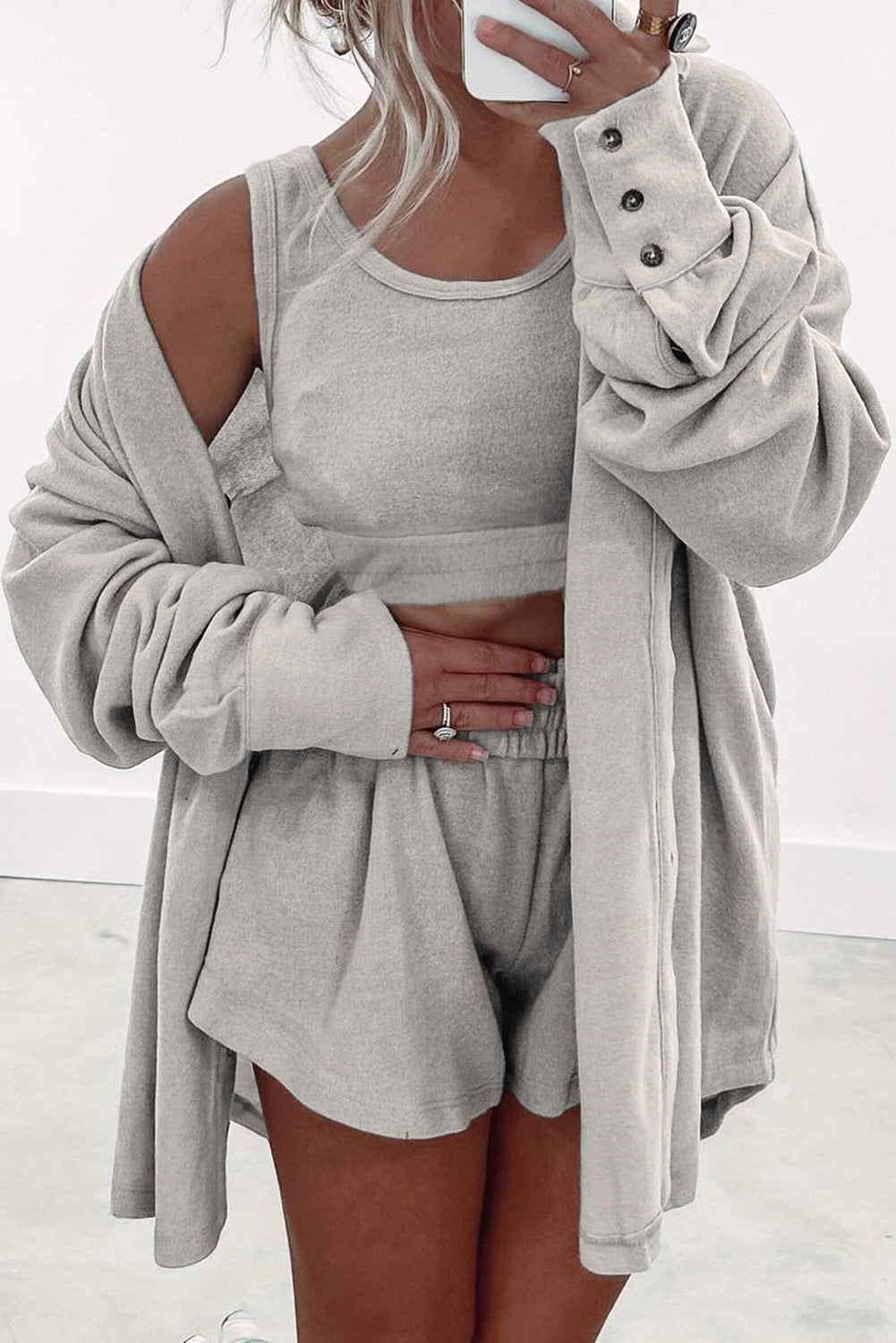 PRE-ORDER: Shirred Hem Crop Tank Top Loose Shorts Cardigan 3 Piece Pajama Set