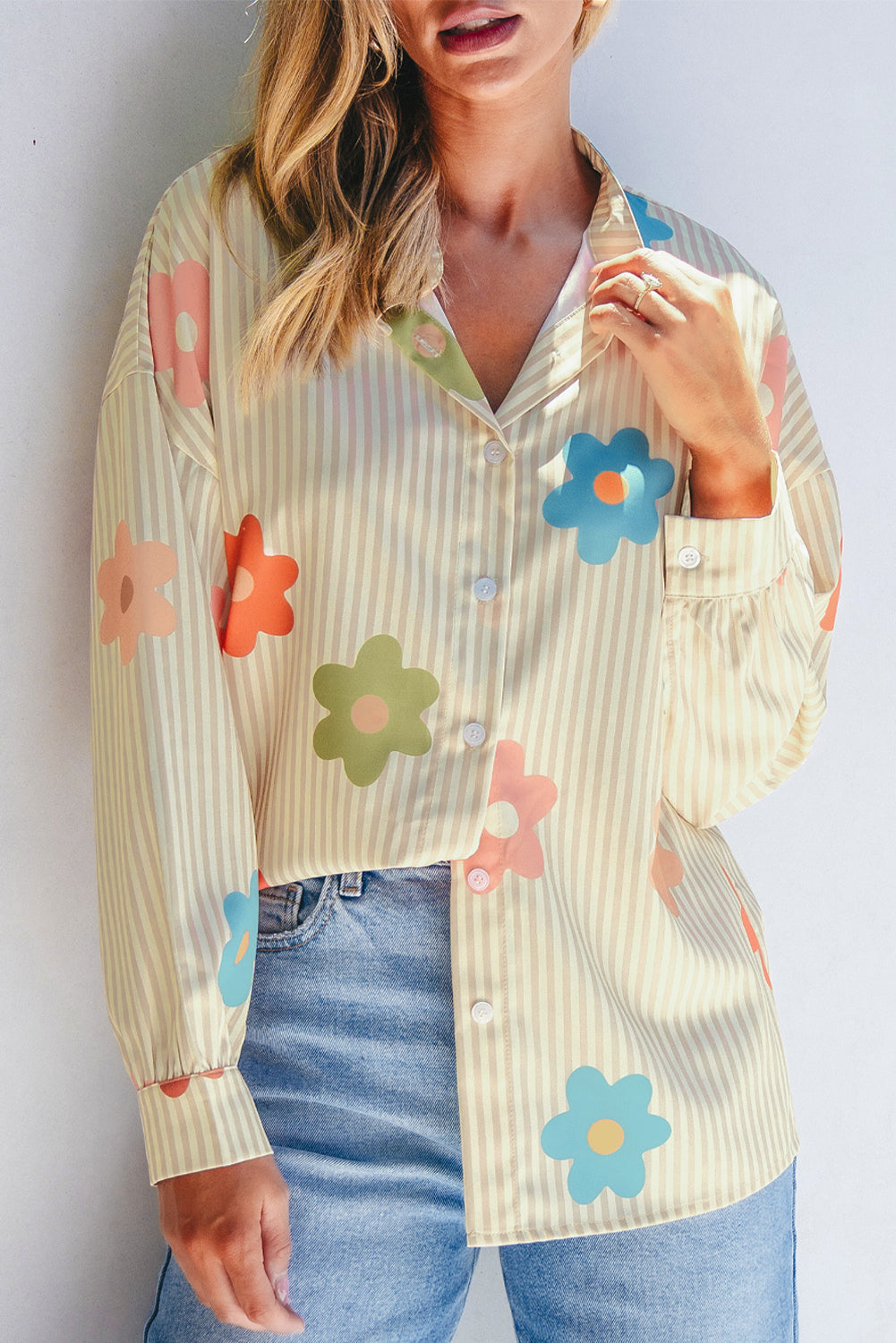 Striped Flower Print Collared Button down Top