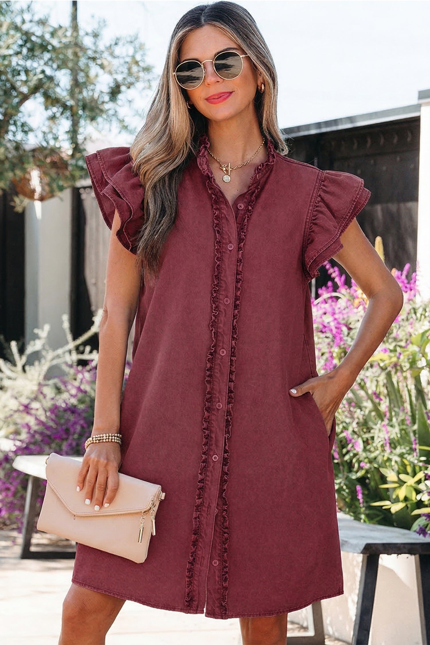 PRE-ORDER: Button Down Ruffle Sleeve Denim Mini Dress