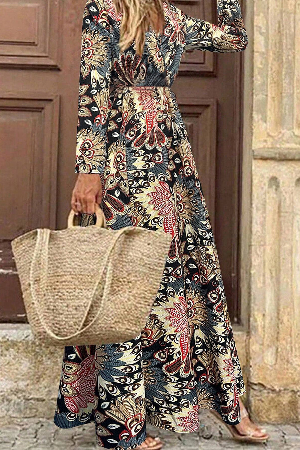 Black Floral V Neck Wrap High Waist Maxi Dress