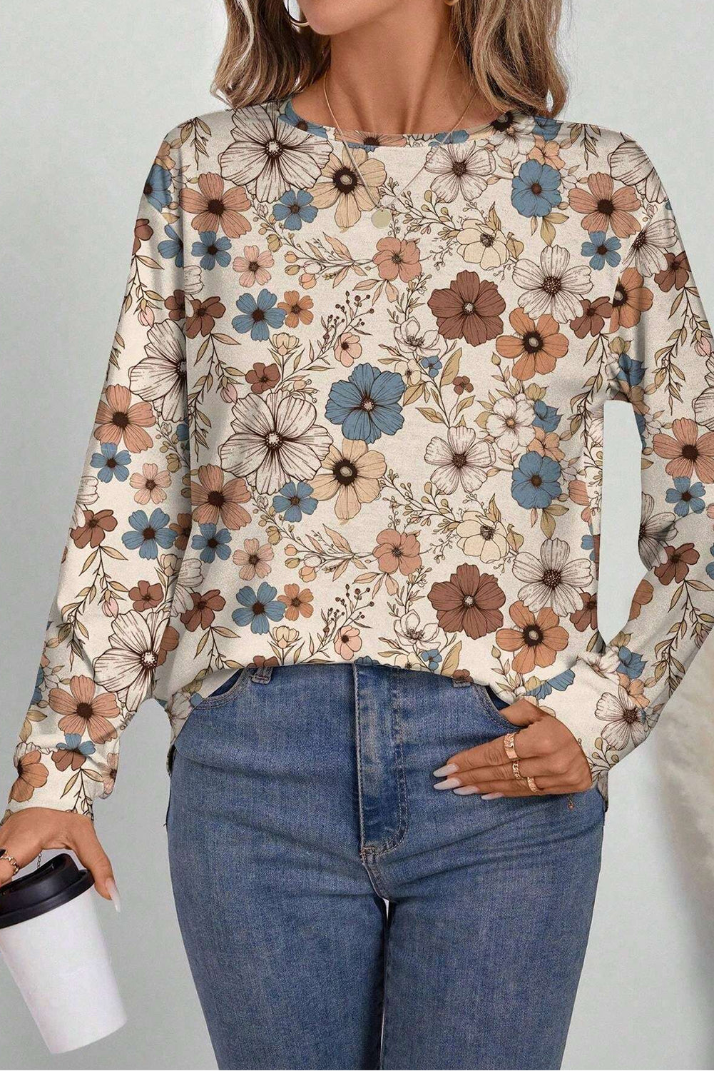 PRE-ORDER: Khaki Allover Floral Print Crew Neck Long Sleeve Top