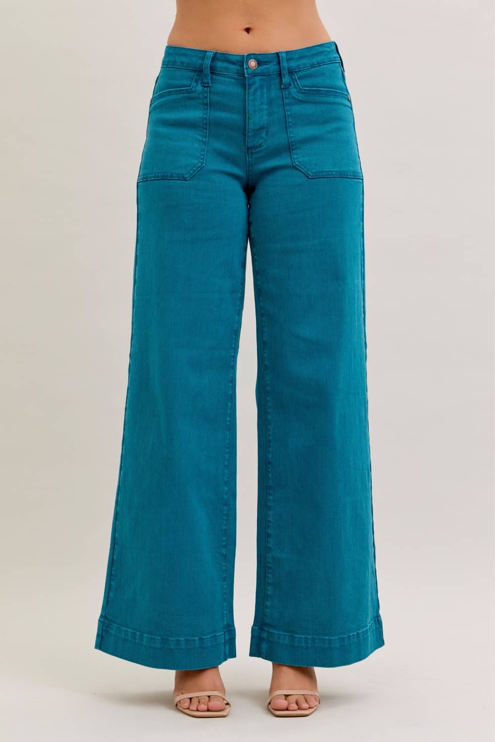 Judy Blue Teal Mid Rise Utility Wide Jeans