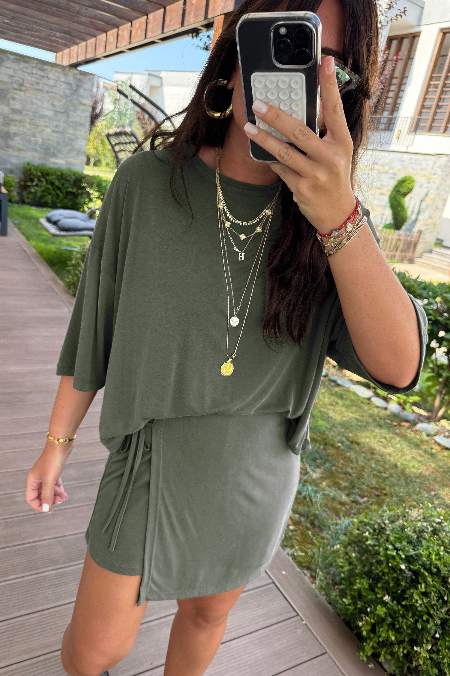 PRE-ORDER: Laurel Green Oversized Tee Tie Wrap Mini Skort
