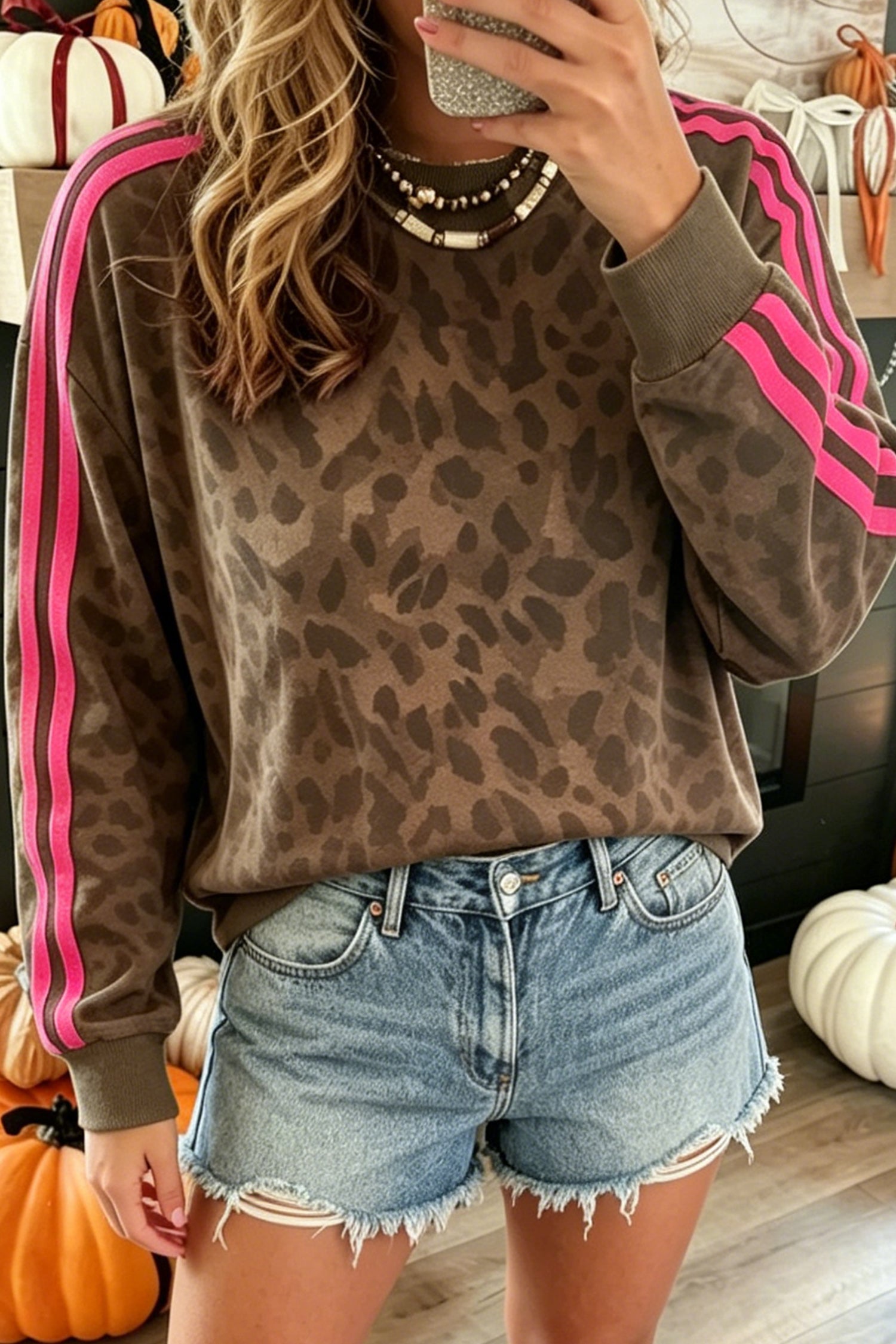 PRE-ORDER: Leopard Print Striped Contrast Relaxed Pullover