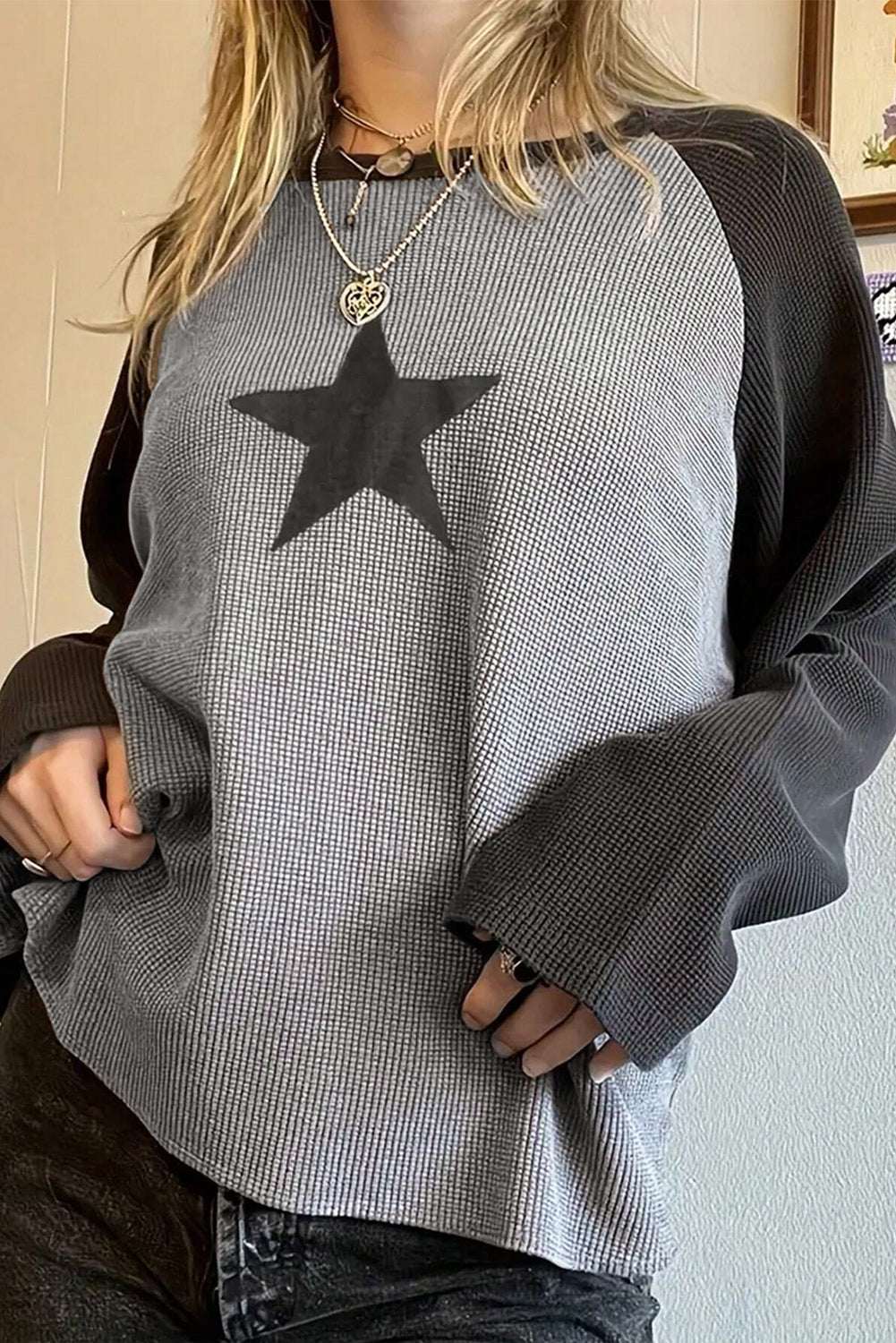 Waffle Knit Colorblock Star Patch Raglan