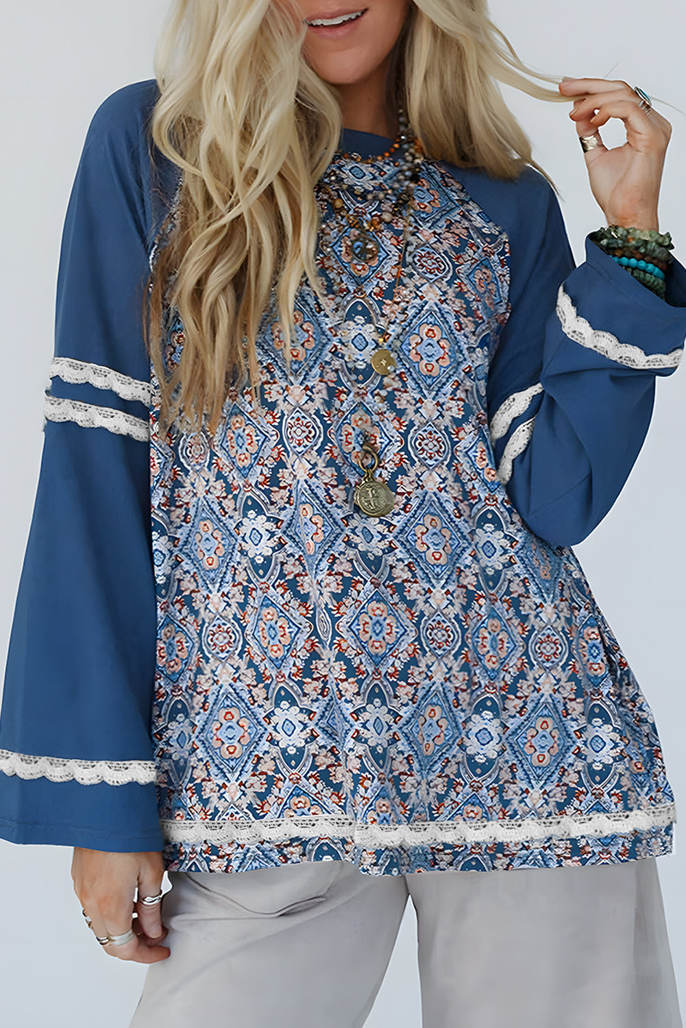 PRE-ORDER: Blue Boho Geometric Print Lace Raglan