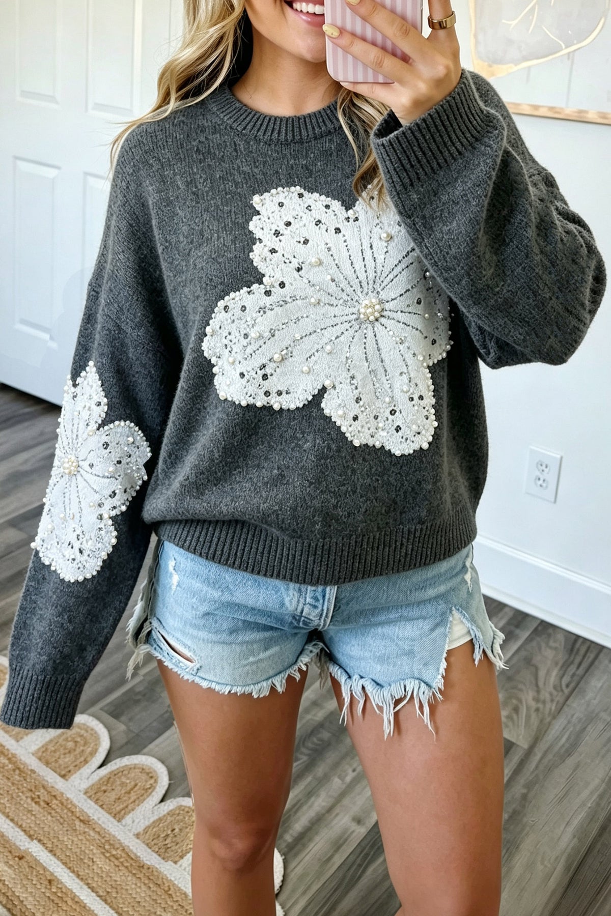 PRE-ORDER: Dark Grey Beaded Floral Accent Casual Round Neck Sweater