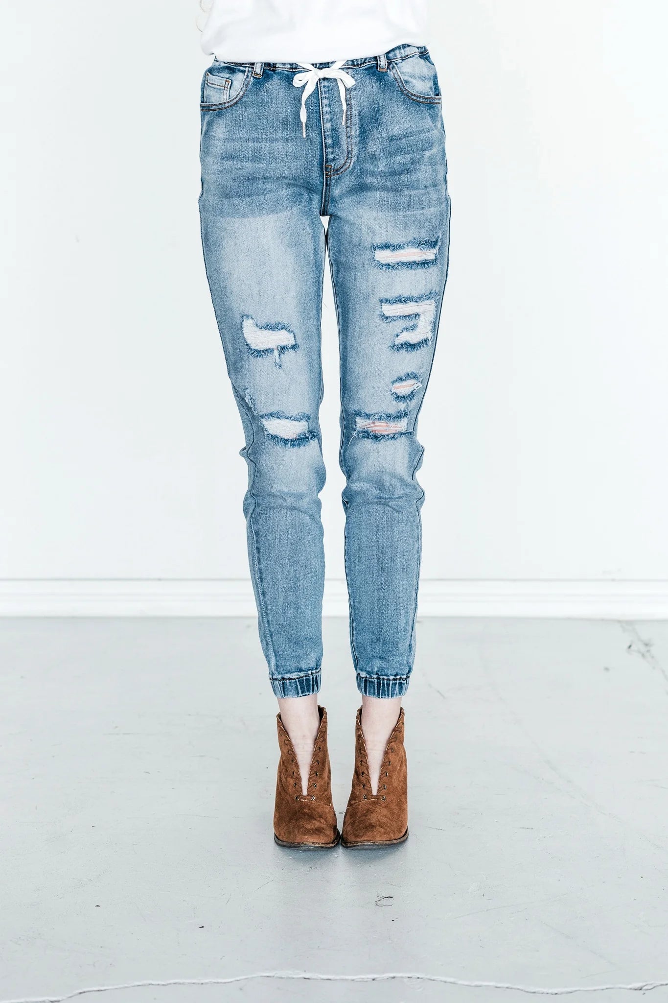 Hi-Rise Distressed Denim Joggers