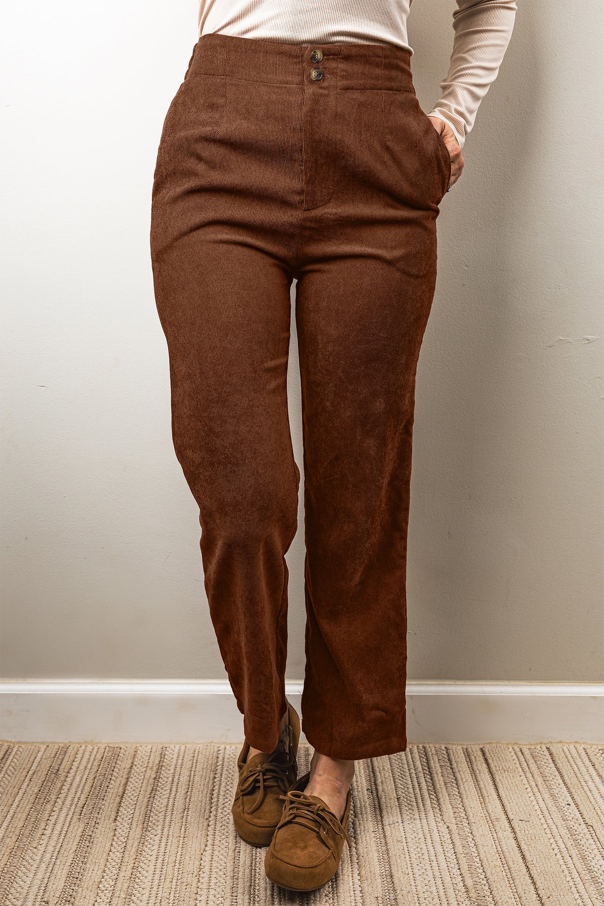 PRE-ORDER: Coffee Elastic Waist Straight Leg Ankle Length Corduroy Pants