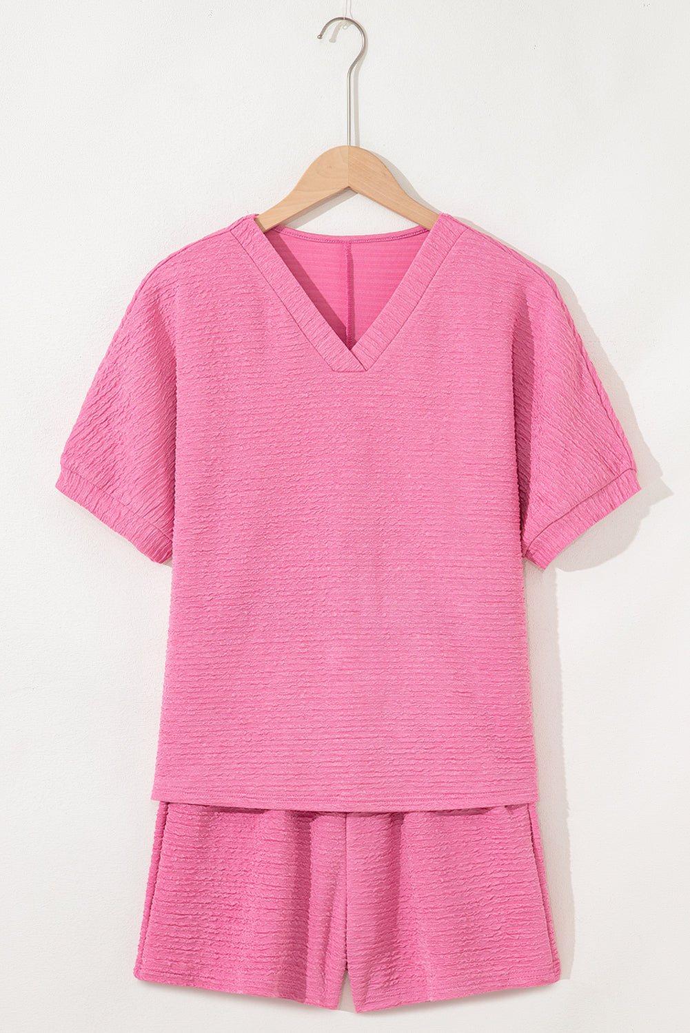 Textured V Neck Shorts Set