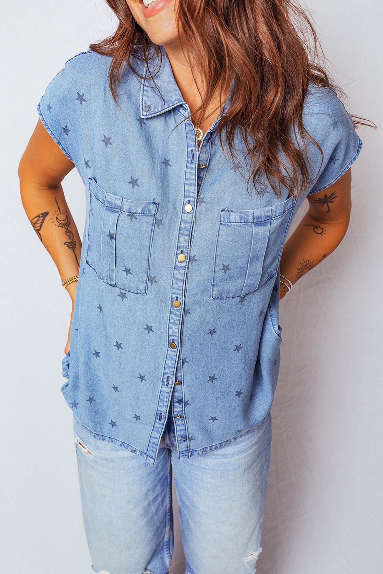 PRE-ORDER: Blue Star Print Double Chest Pocket Short Sleeve Denim Shirt