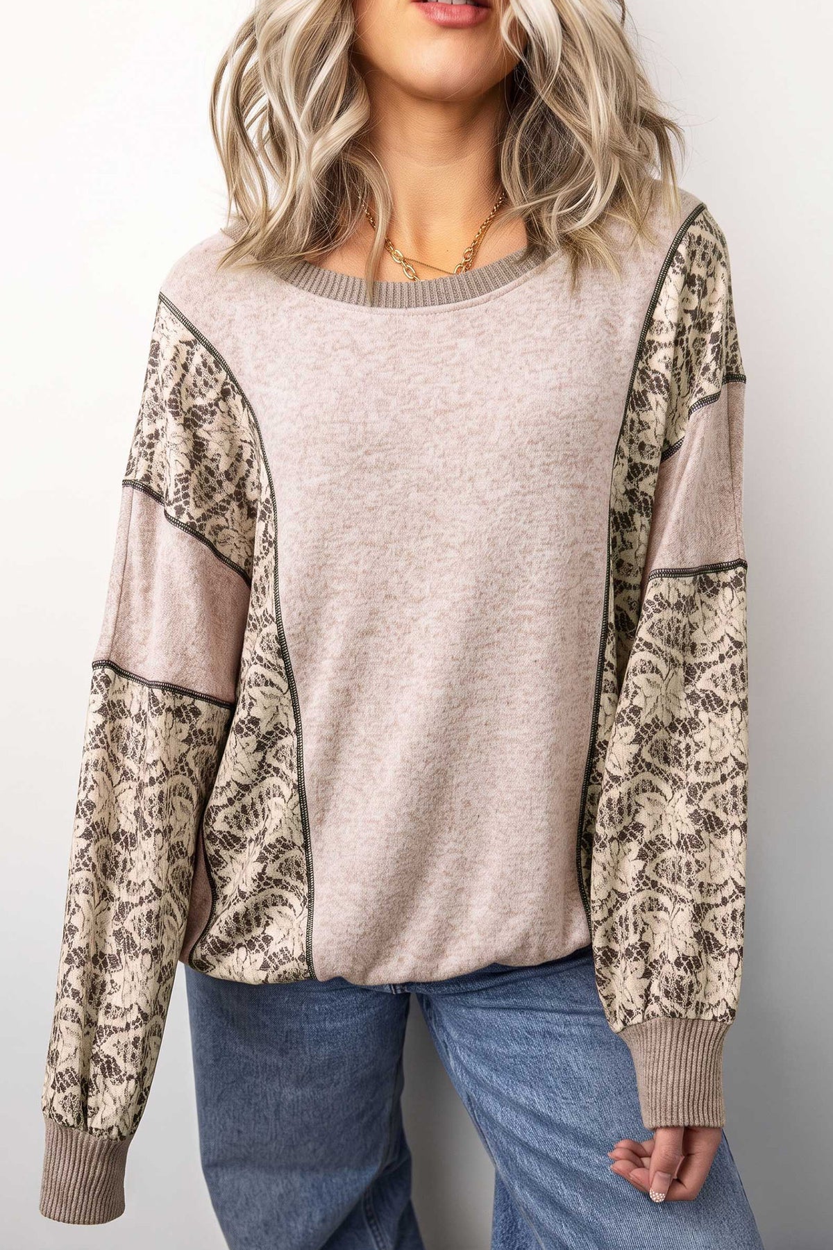 PRE-ORDER: Khaki Floral Print Round Neck Long Sleeve Shift Top