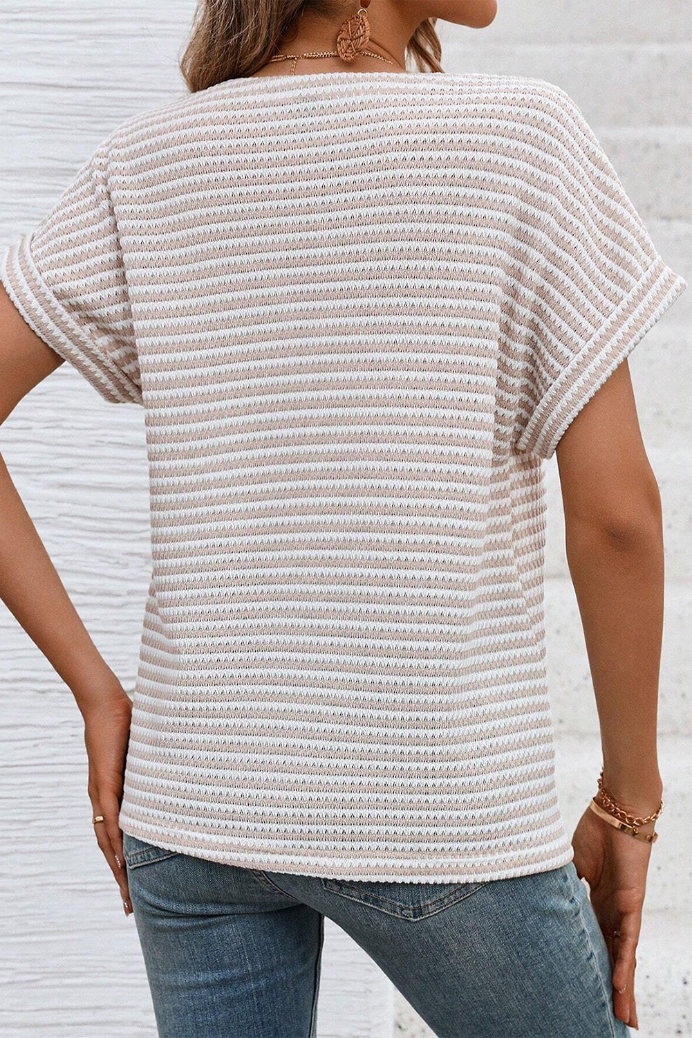 PRE-ORDER: Khaki Striped Button Front V Neck Knitted Top