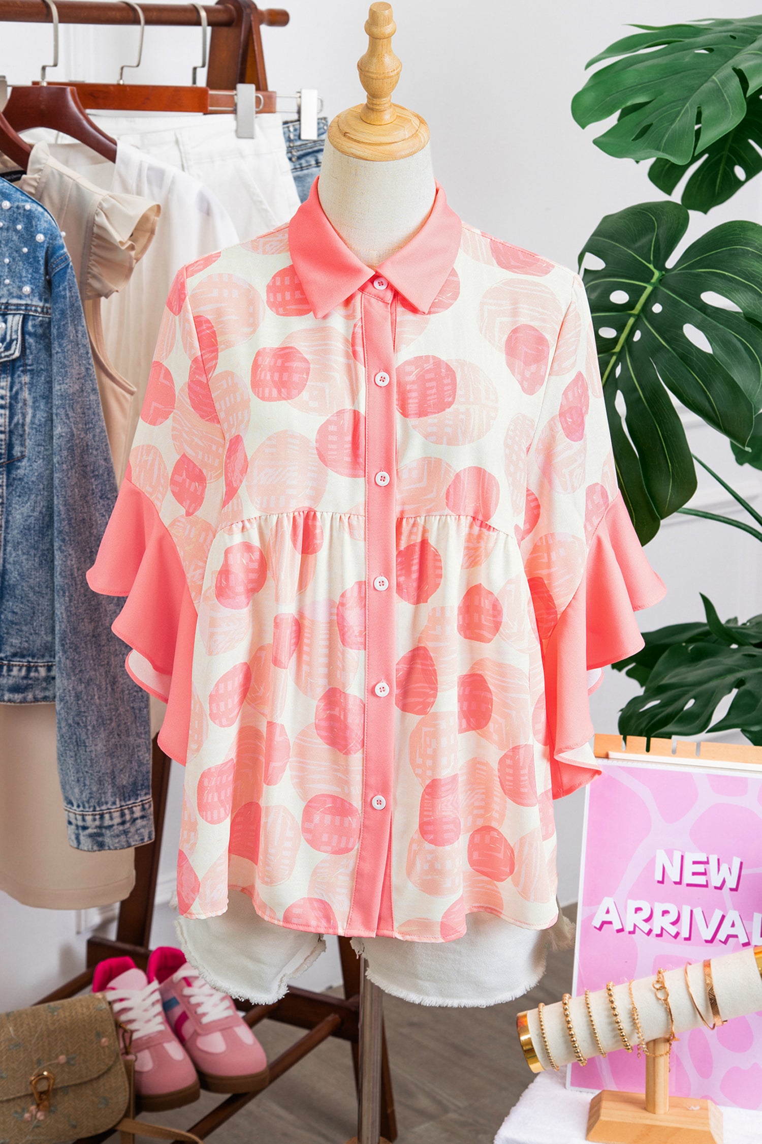PRE-ORDER: Pink Double Polka Dot Ruffle Trim Babydoll Top
