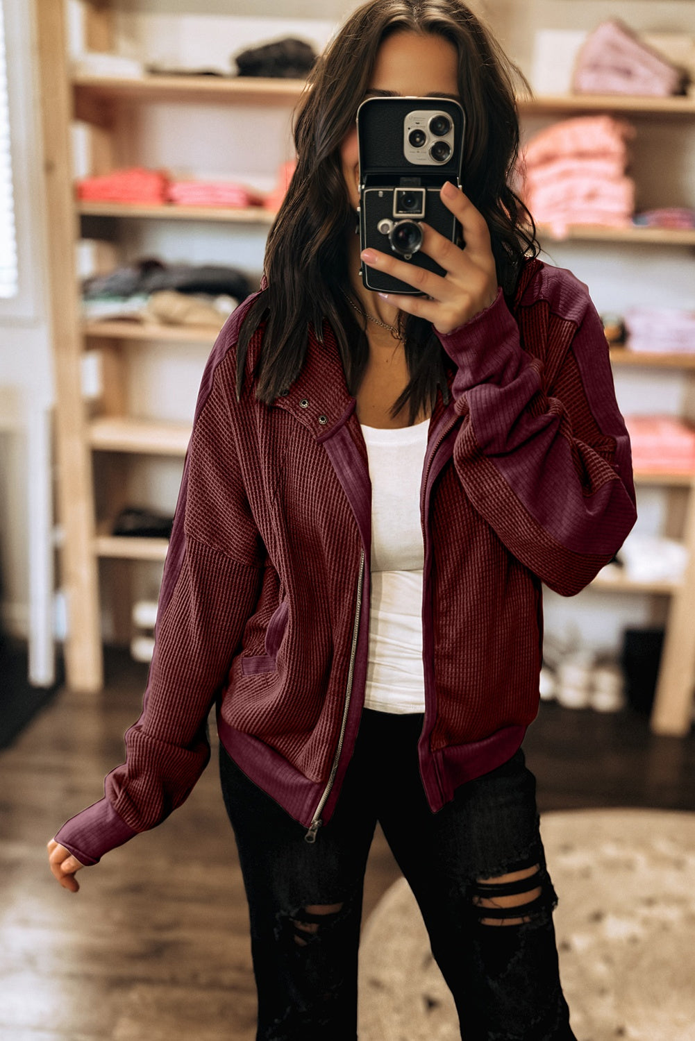 Waffle Splicing Zip Up Front Button Hooded Jacket