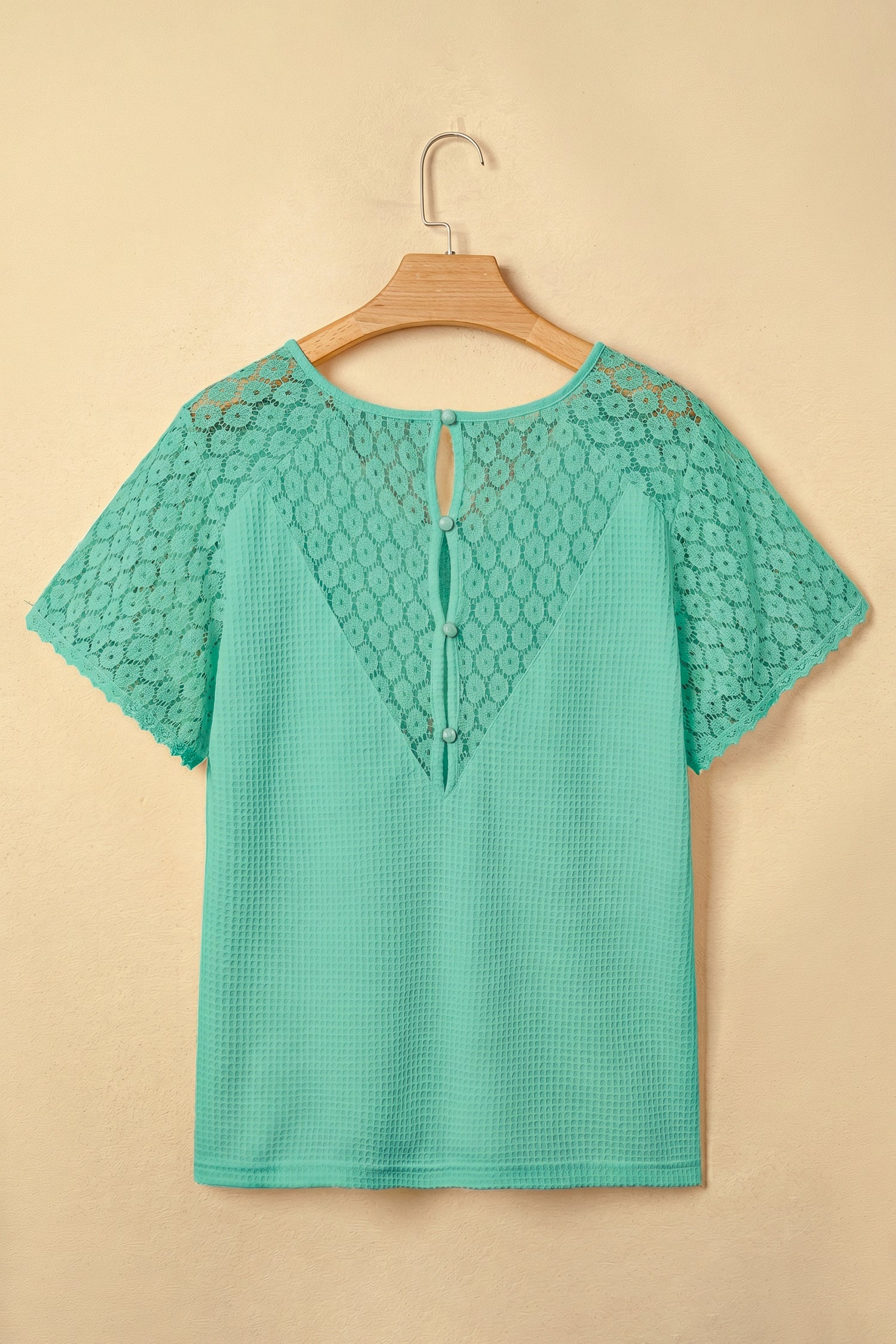 PRE-ORDER: Lace Splicing Button V Neck Waffle Knit Blouse