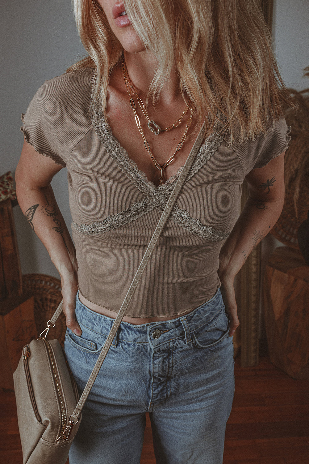 Dark Brown Lace Criss Cross Slim Fit V Neck Tee