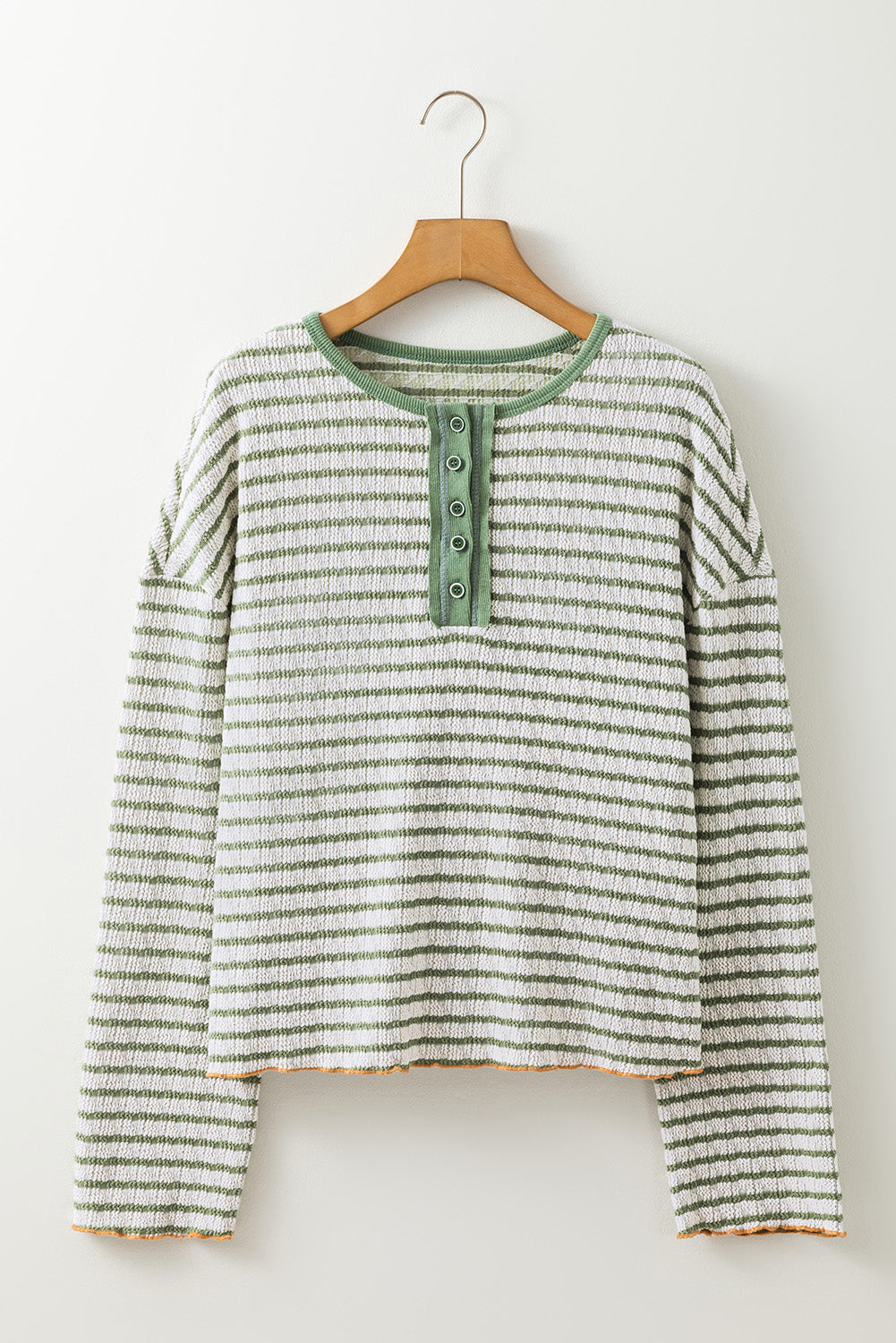 Striped Textured Frilly Trim Henley Long Sleeve Top