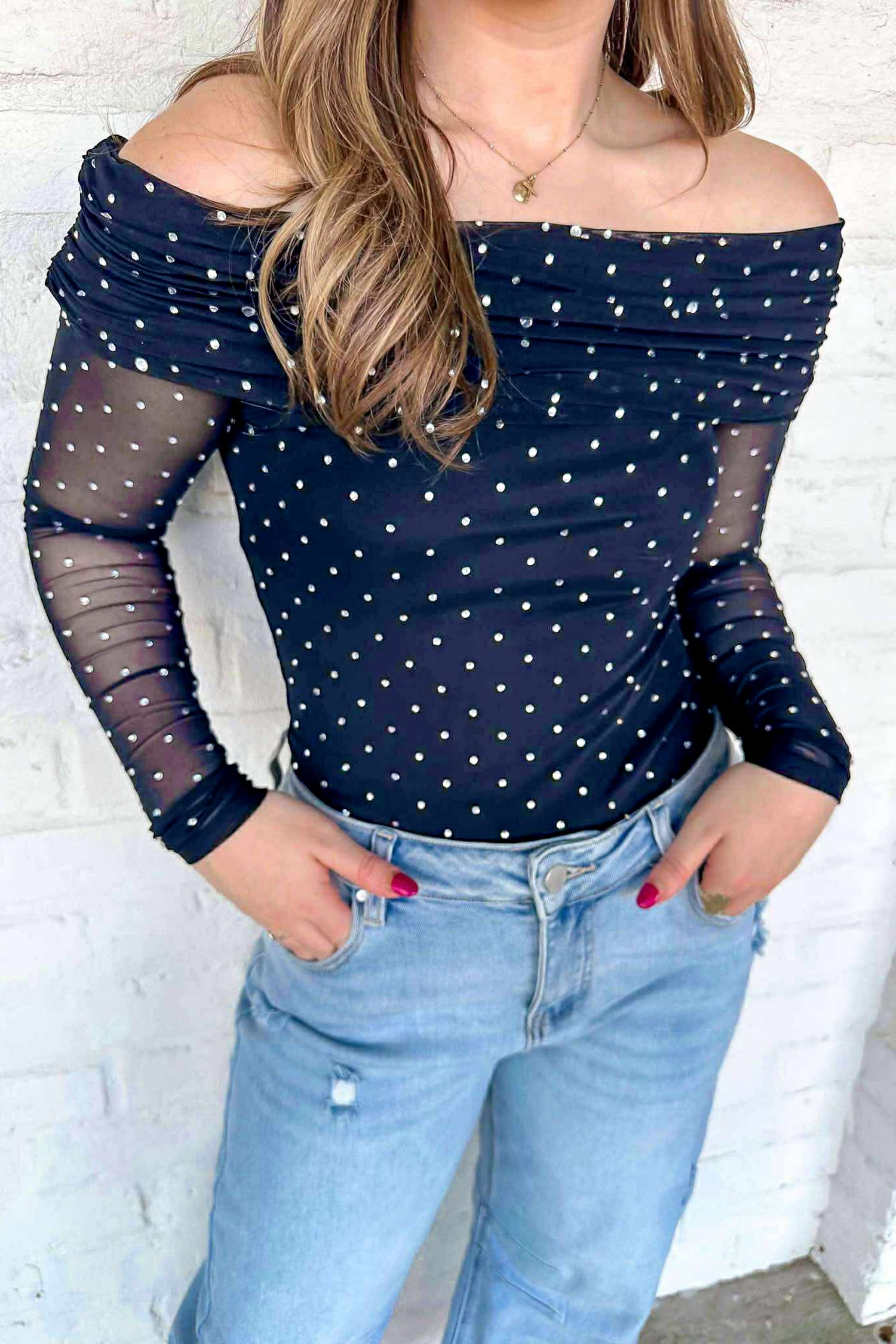 PRE-ORDER: Blue Polka Dot Mesh Off-Shoulder Top