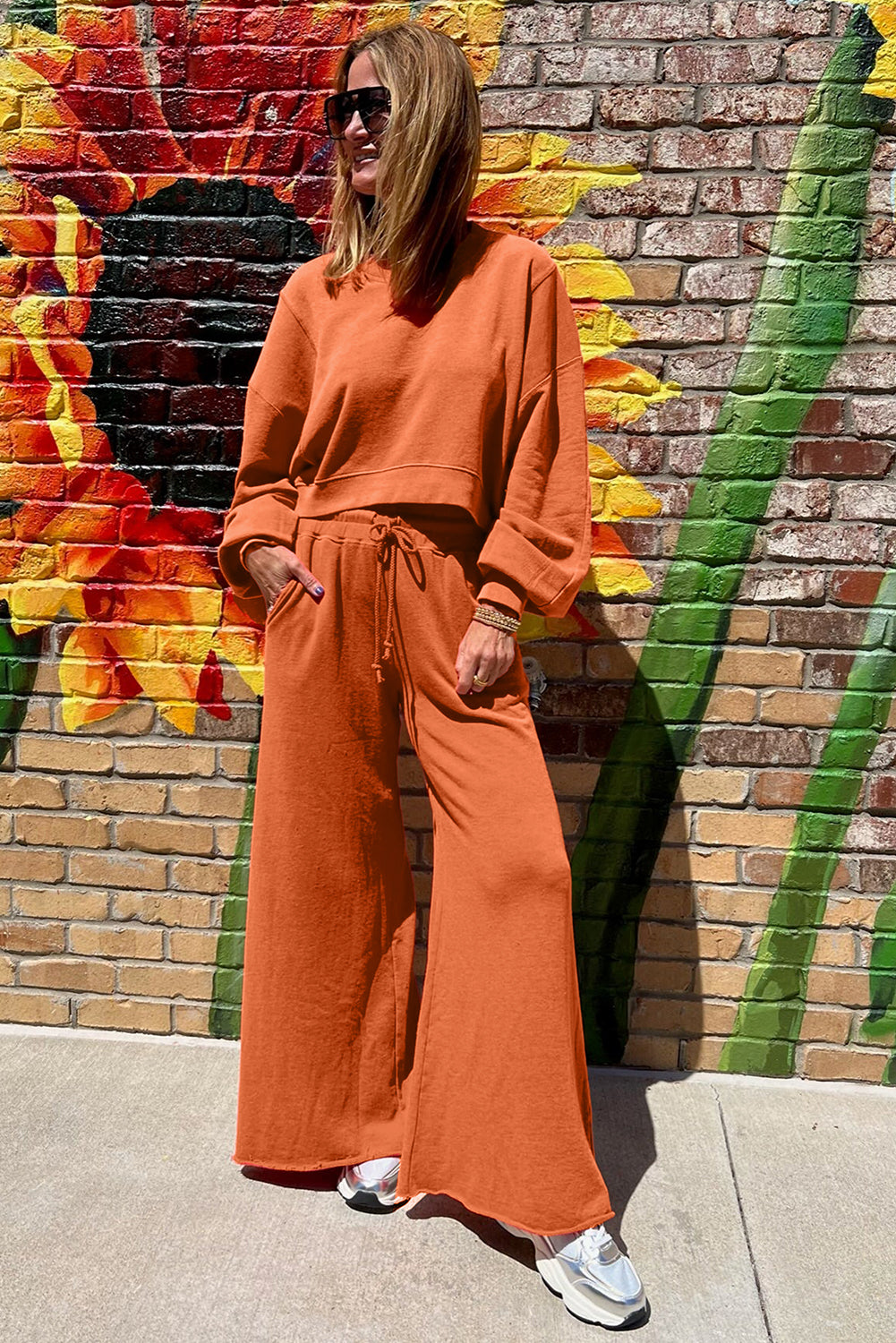 Drop Shoulder Crop Pullover Drawstring Wide Leg Pants Set