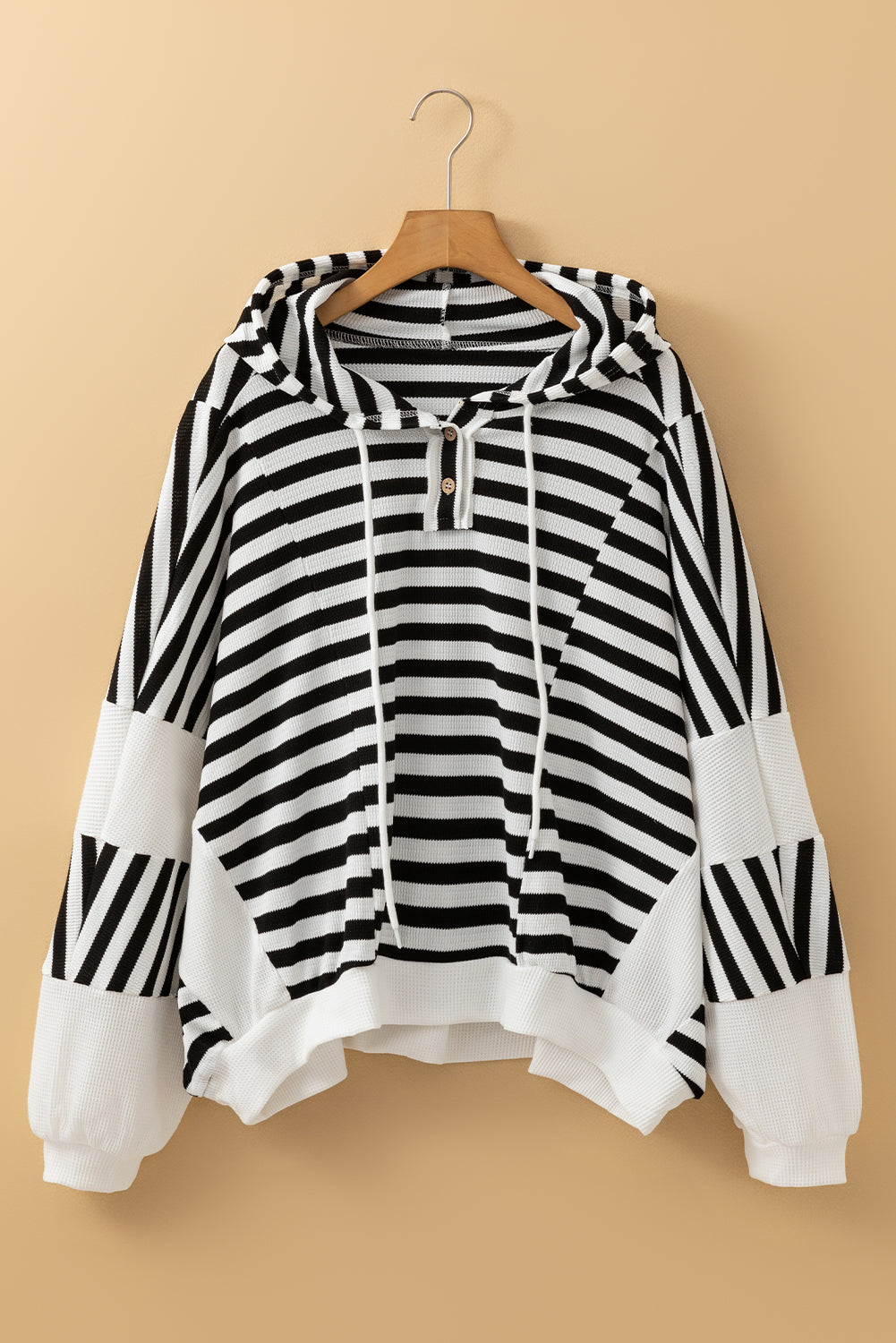 Black White Striped Waffle Patchwork Baggy Hooded Top