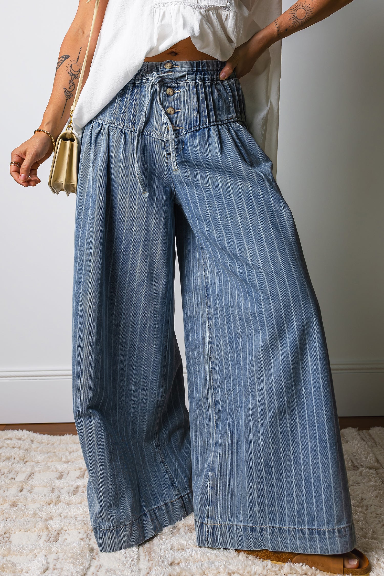 PRE-ORDER: Blue Stripe Button Pleated Drawstring Waist Casual Wide Leg Jeans