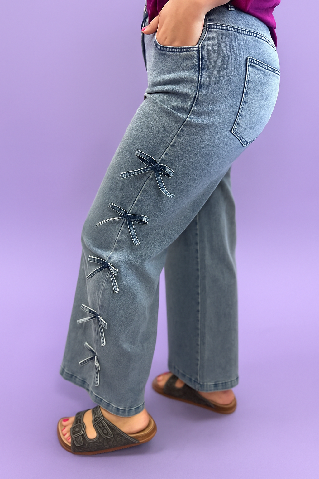 BOW DETAIL WIDE LEG DENIM- MEDIUM WASH