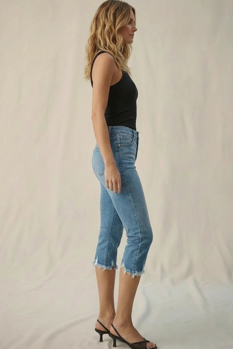 Lauren Mid Rise Capri with Frayed Hem Jeans