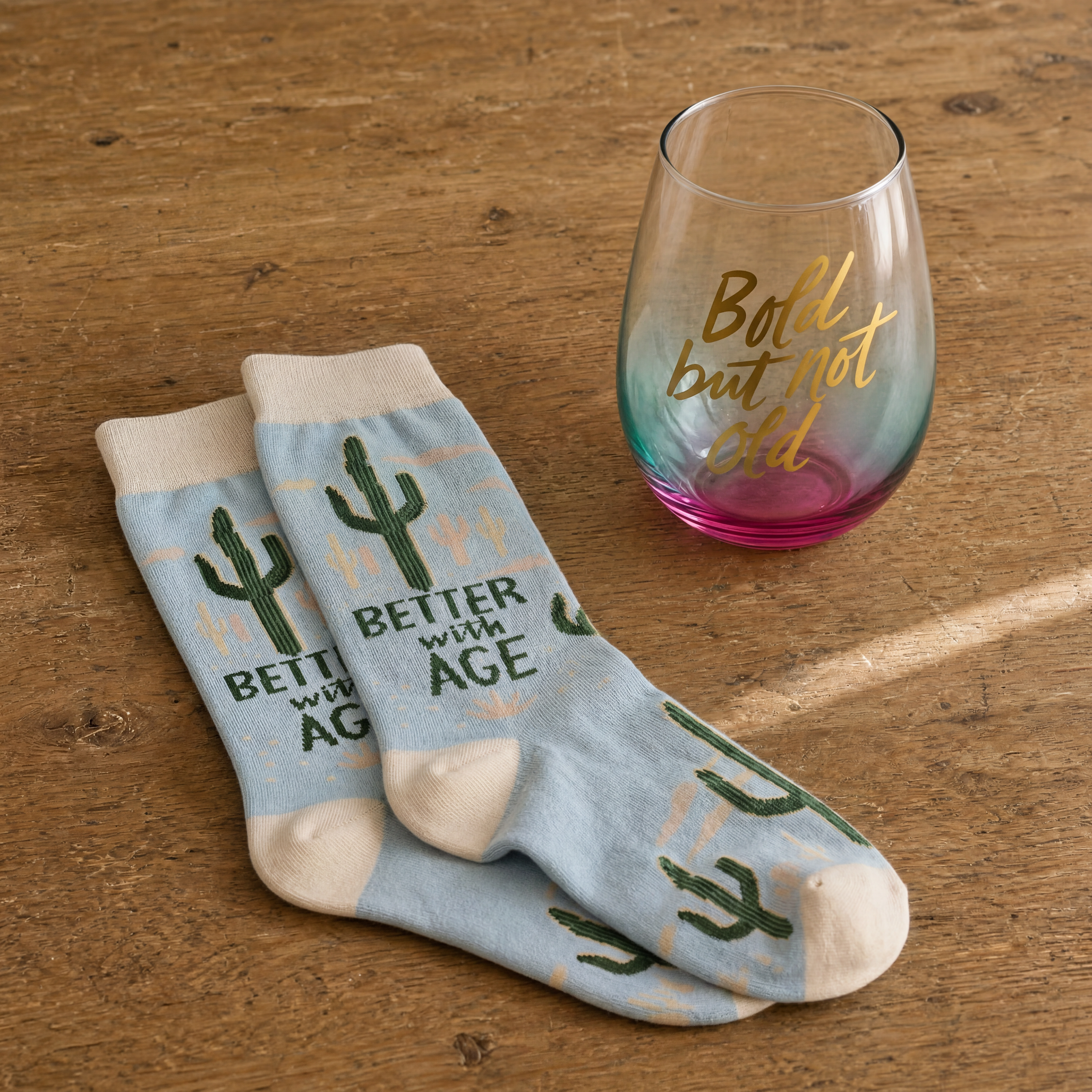 Bold But Not Old Gift Set | Wine Glass & Better with Age Socks in Gift Bag