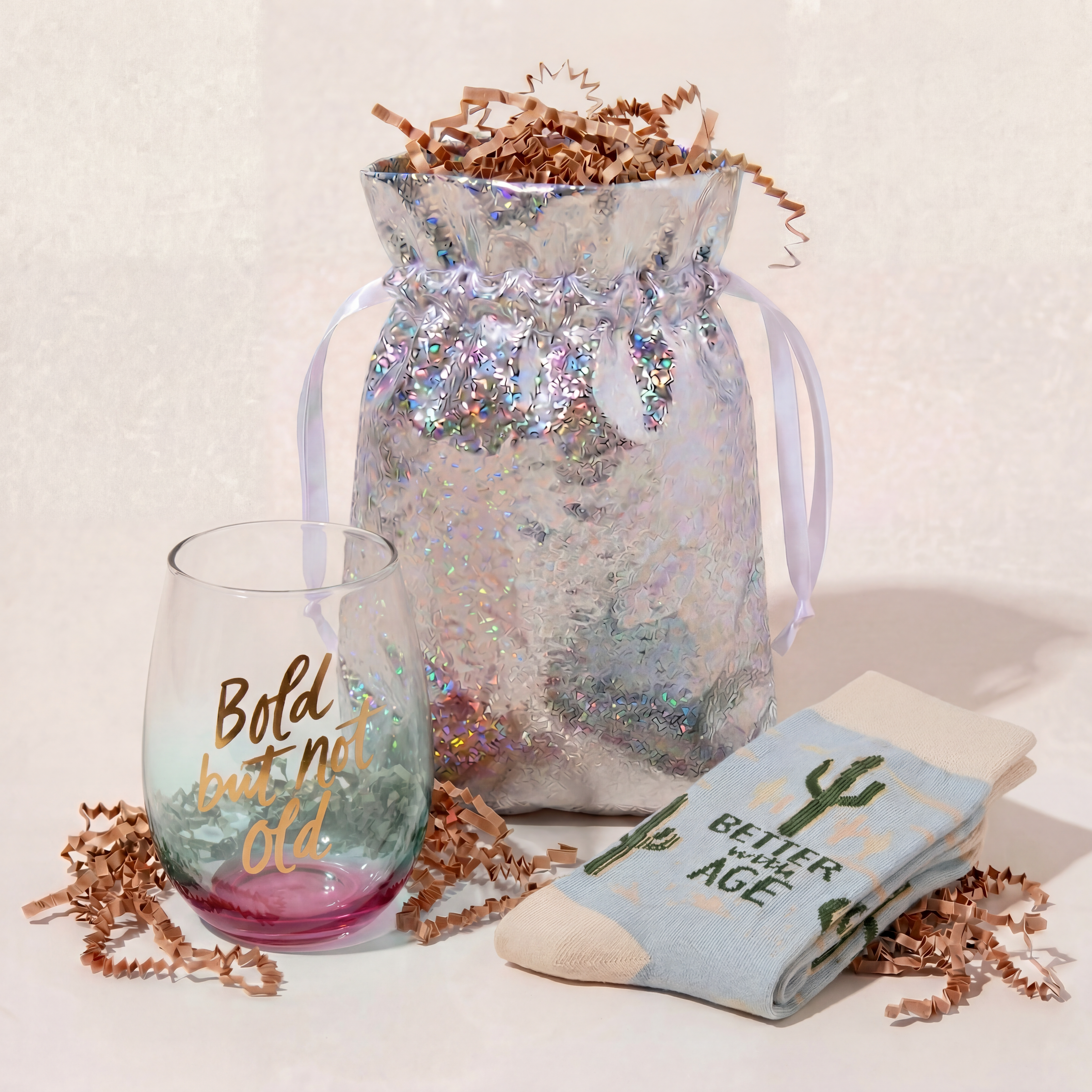 Bold But Not Old Gift Set | Wine Glass & Better with Age Socks in Gift Bag