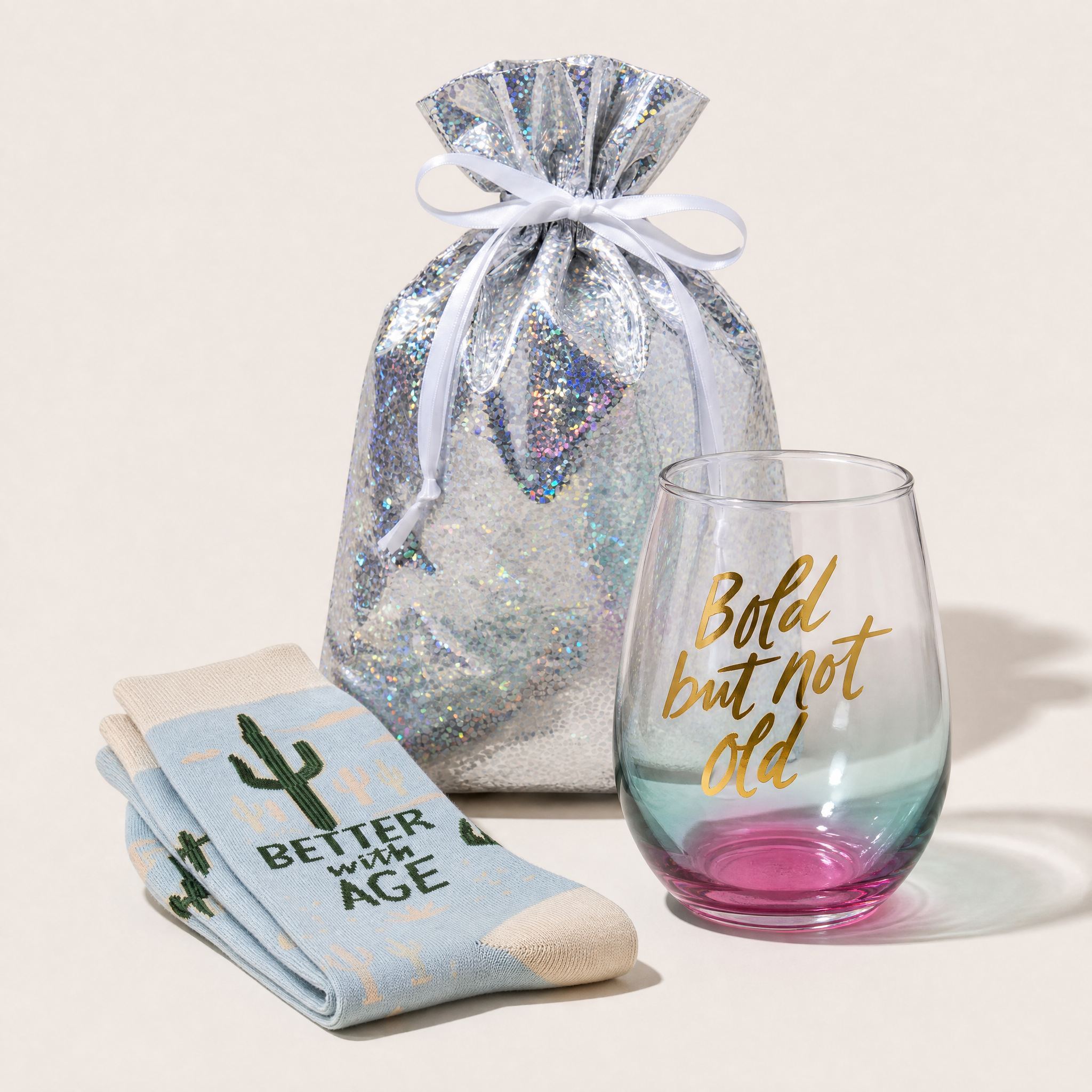 Bold But Not Old Gift Set | Wine Glass & Better with Age Socks in Gift Bag
