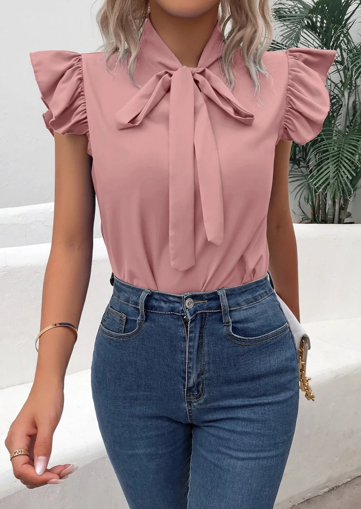 Bow Tie Flutter Sleeve Blouse