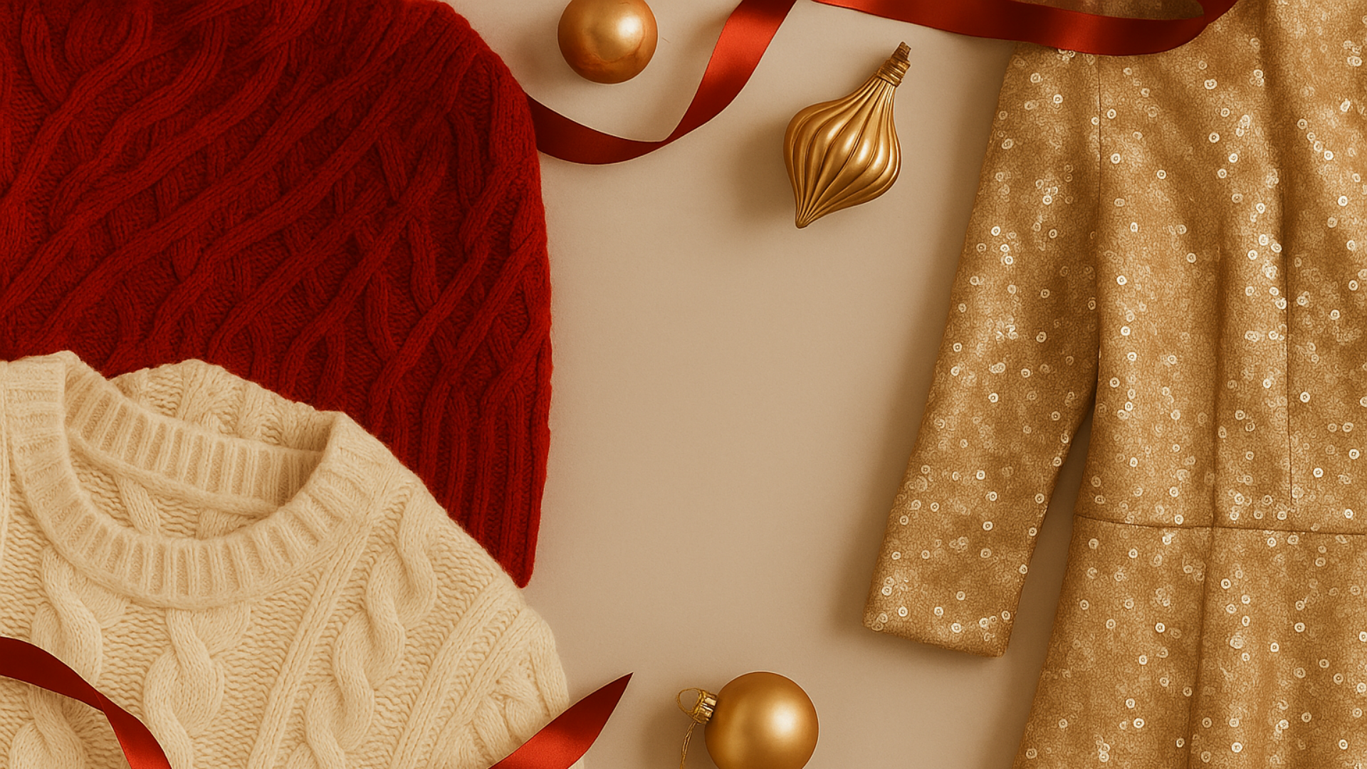 Holiday-themed items including a red sweater, beige sweater, gold sequin coat, and Christmas ornaments on a beige background.