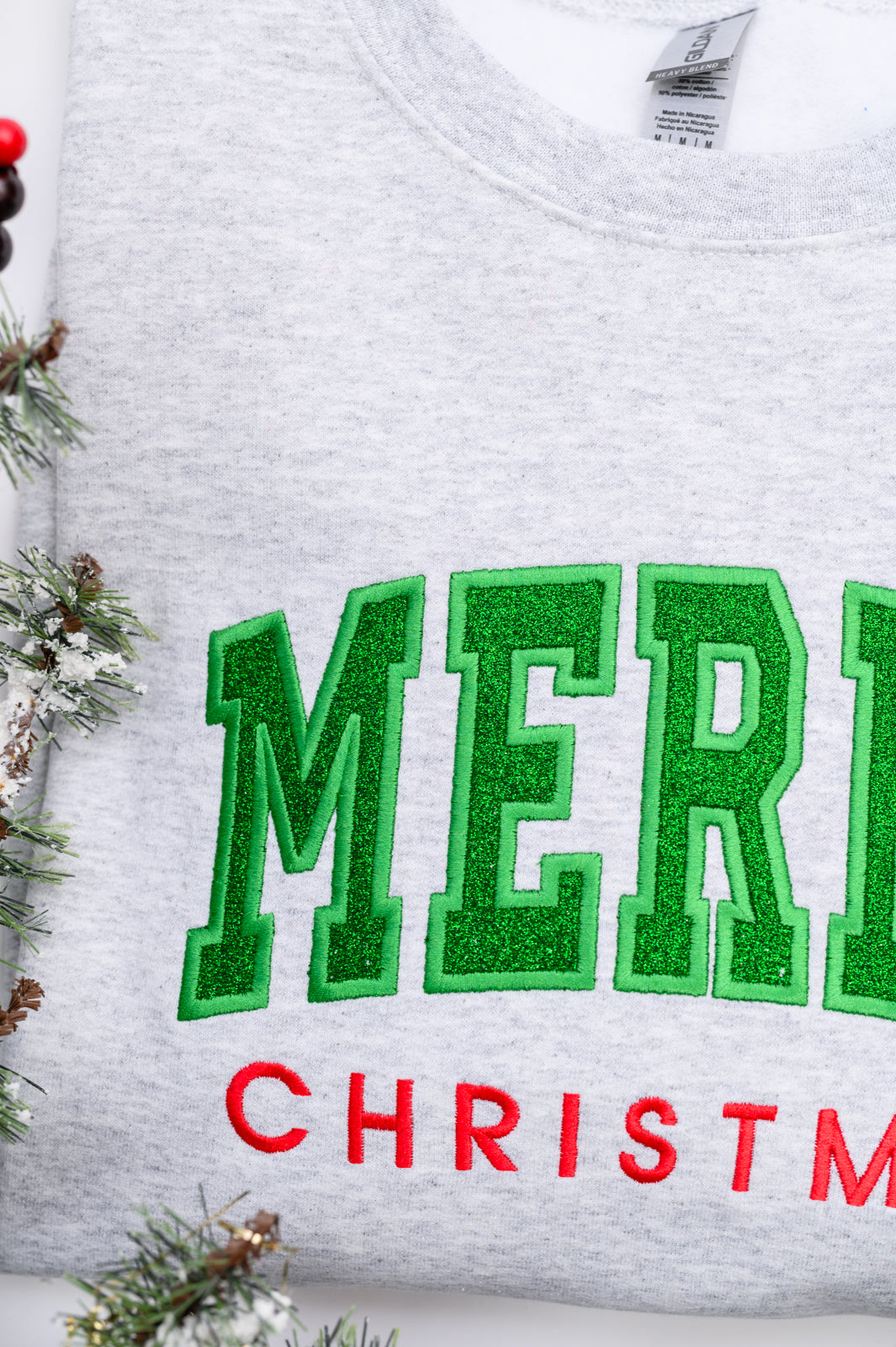 PRE-ORDER: Embroidered Merry Christmas Glitter Applique Sweatshirt