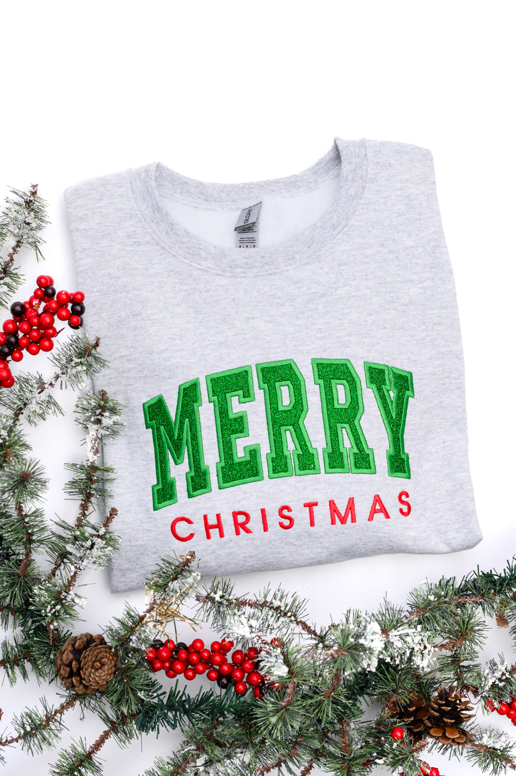 PRE-ORDER: Embroidered Merry Christmas Glitter Applique Sweatshirt