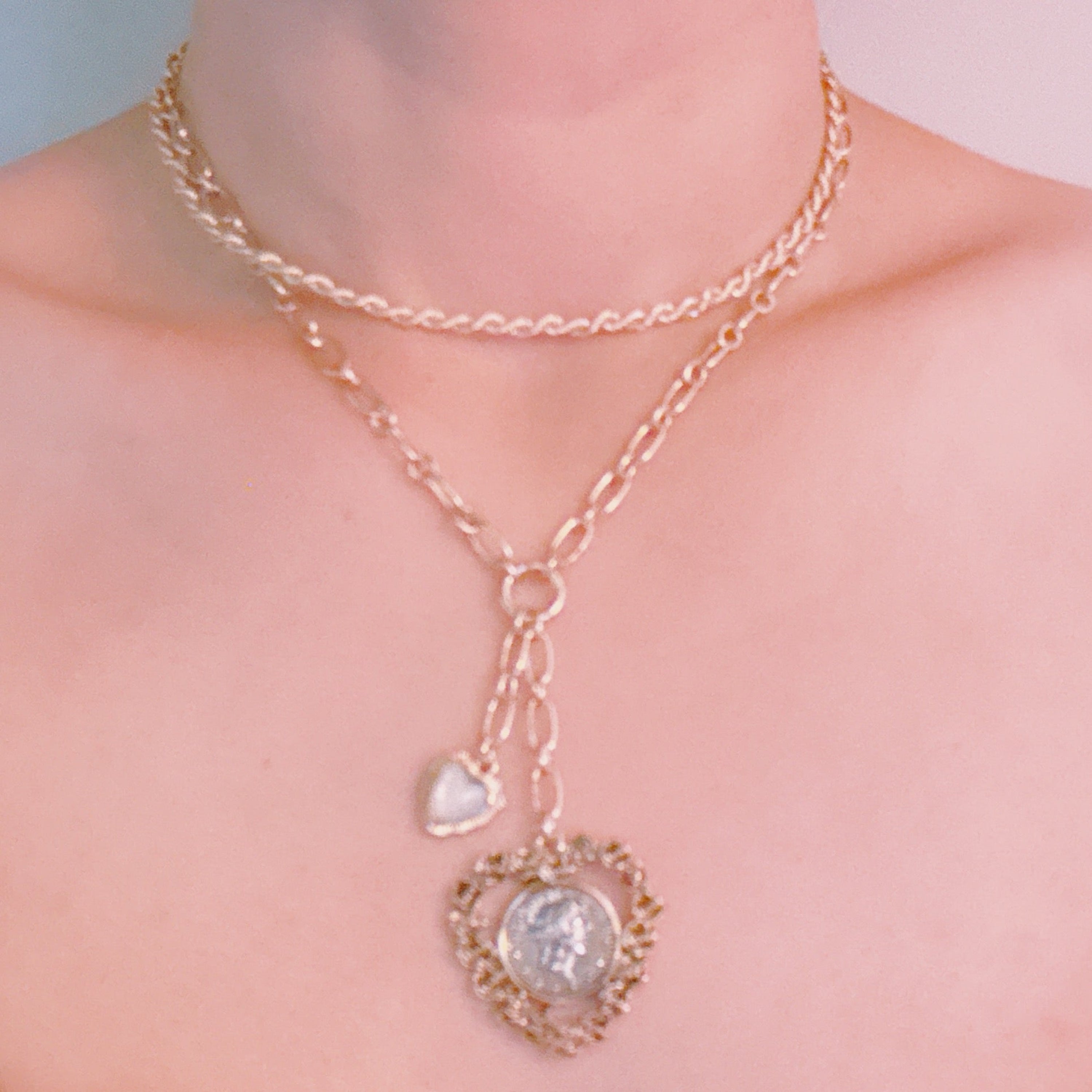 Double Chain Heart Pendant Necklace – Layered Gold Links with Vintage-Style Charm