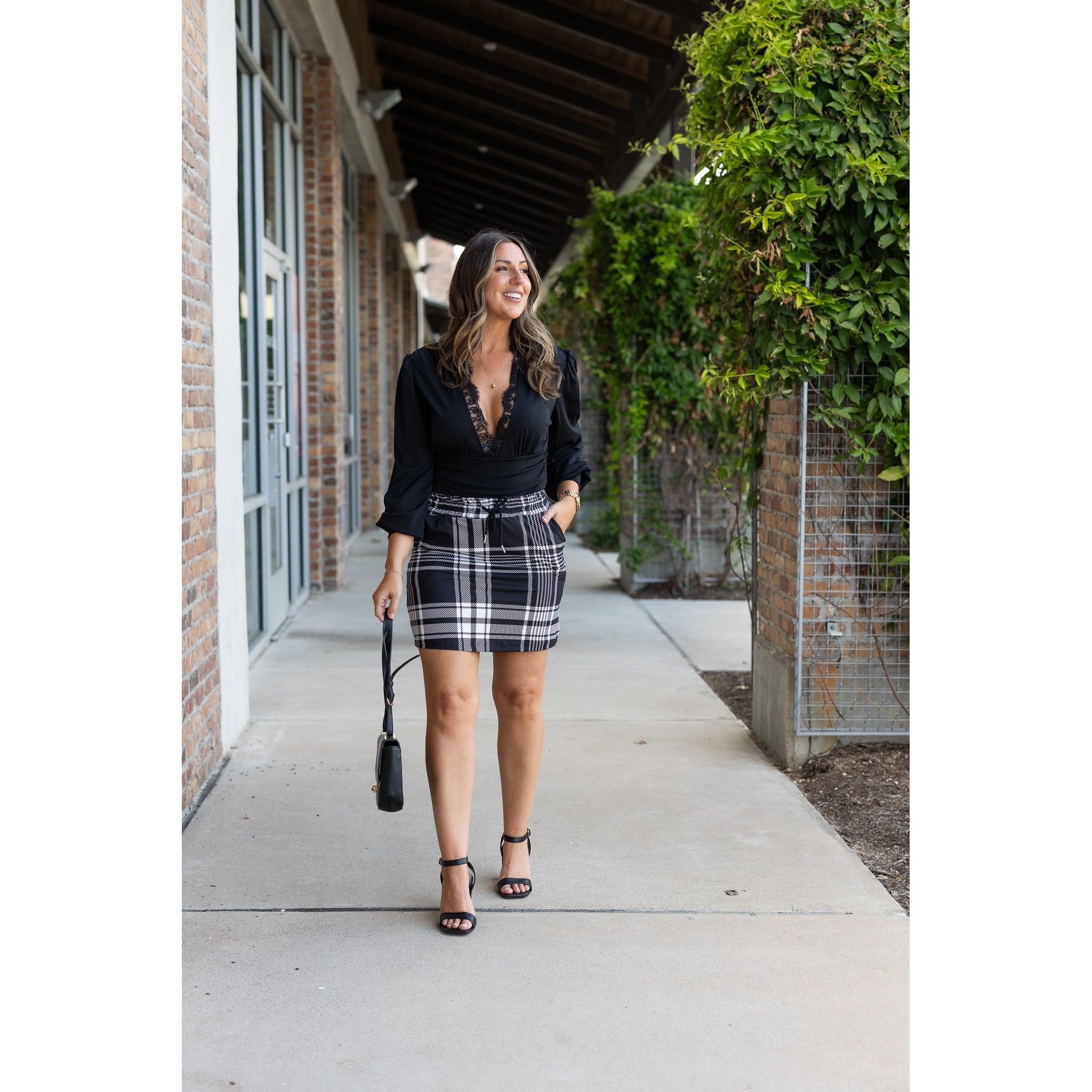 The Amelia - Black And White Plaid Jogger Skirt