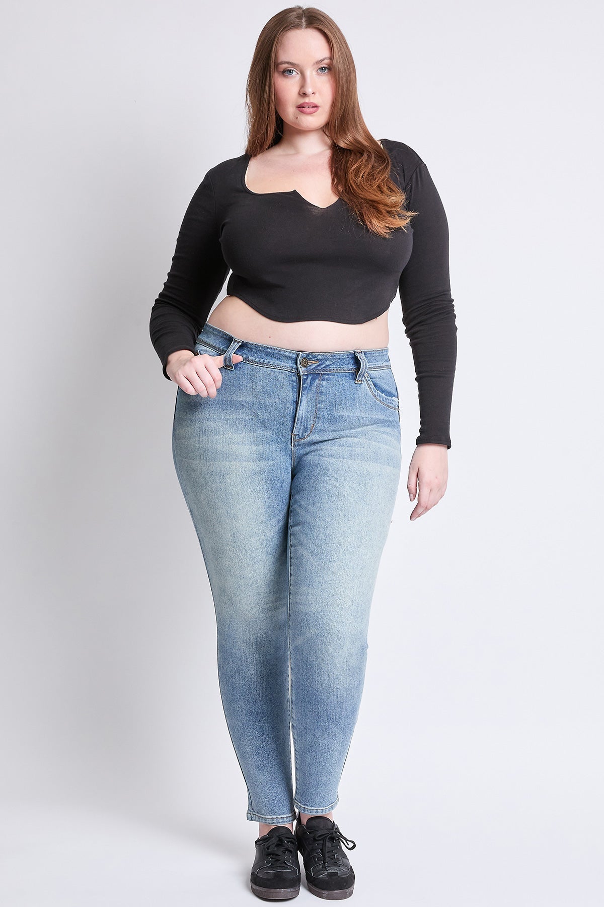 Plus “WannaBettaButt” Mid Rise Embroidered Skinny Jean