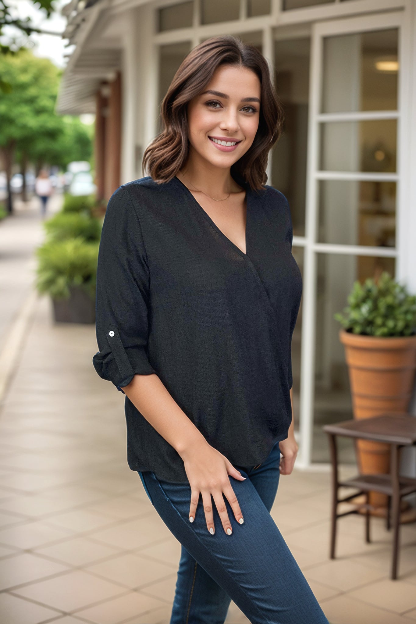 Emma Black Surplice Top