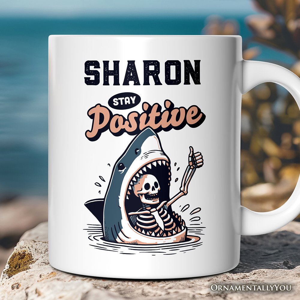Stay Positive Funny Shark and Skeleton Personalized Mug