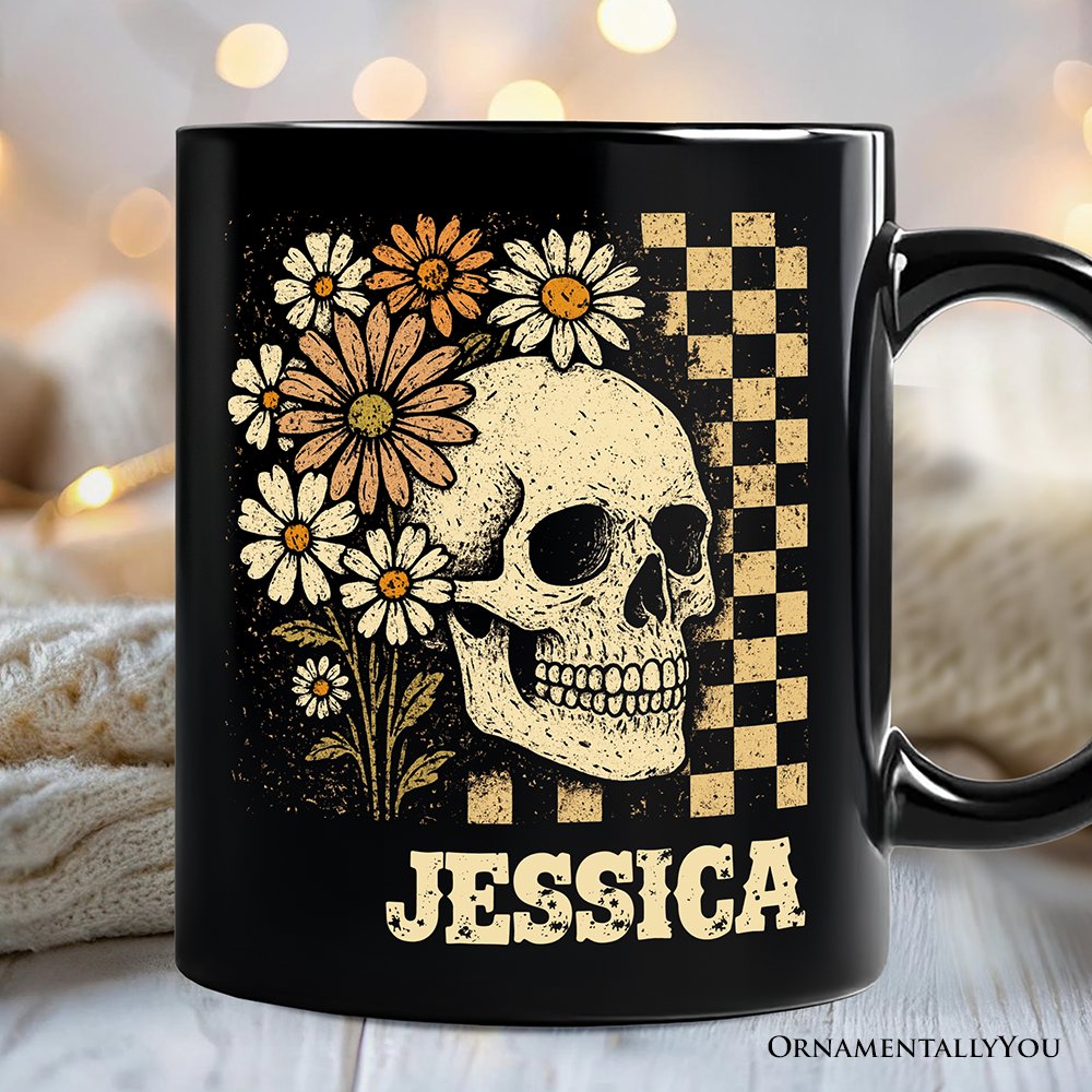 Checkered Floral Skeleton Personalized Mug
