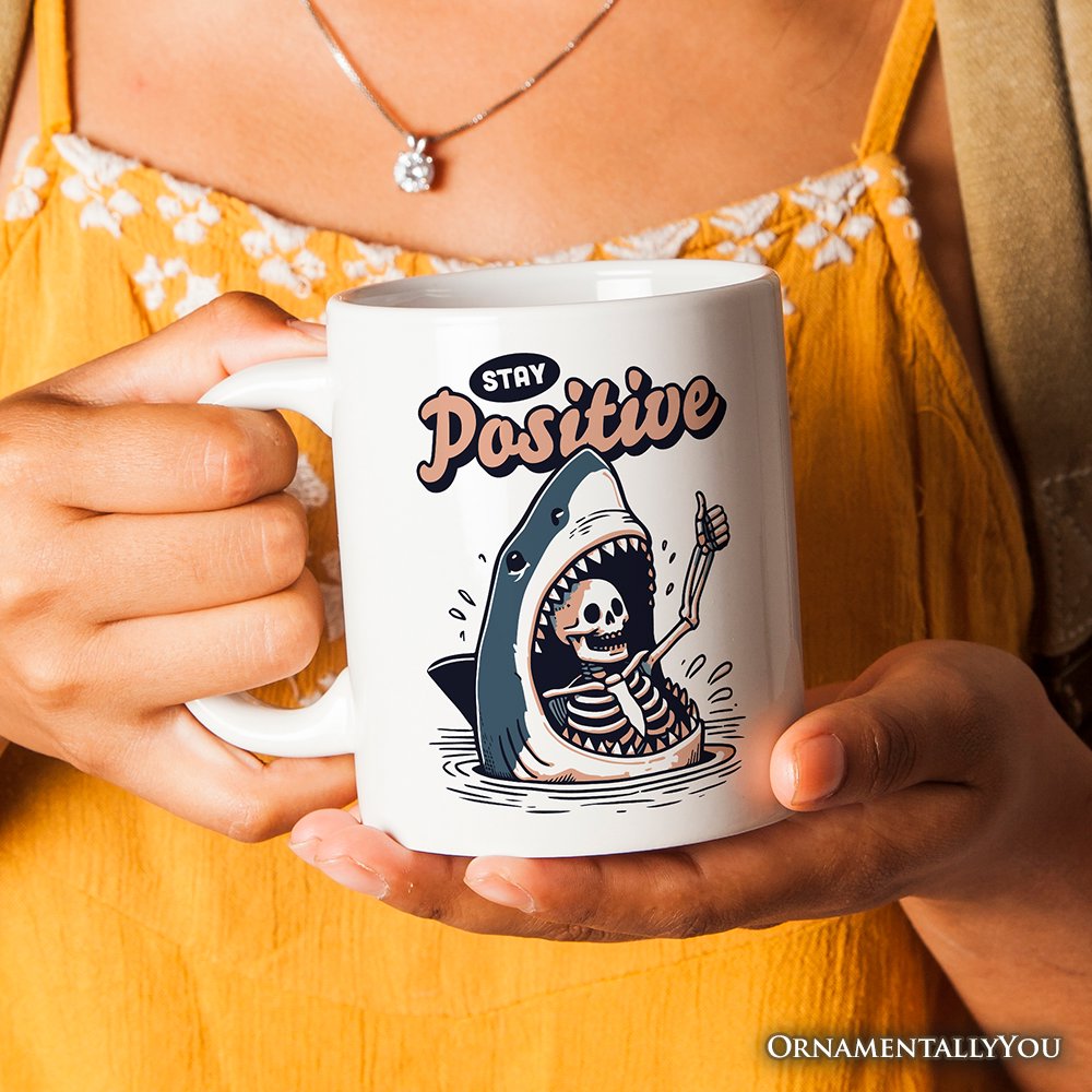 Stay Positive Funny Shark and Skeleton Personalized Mug