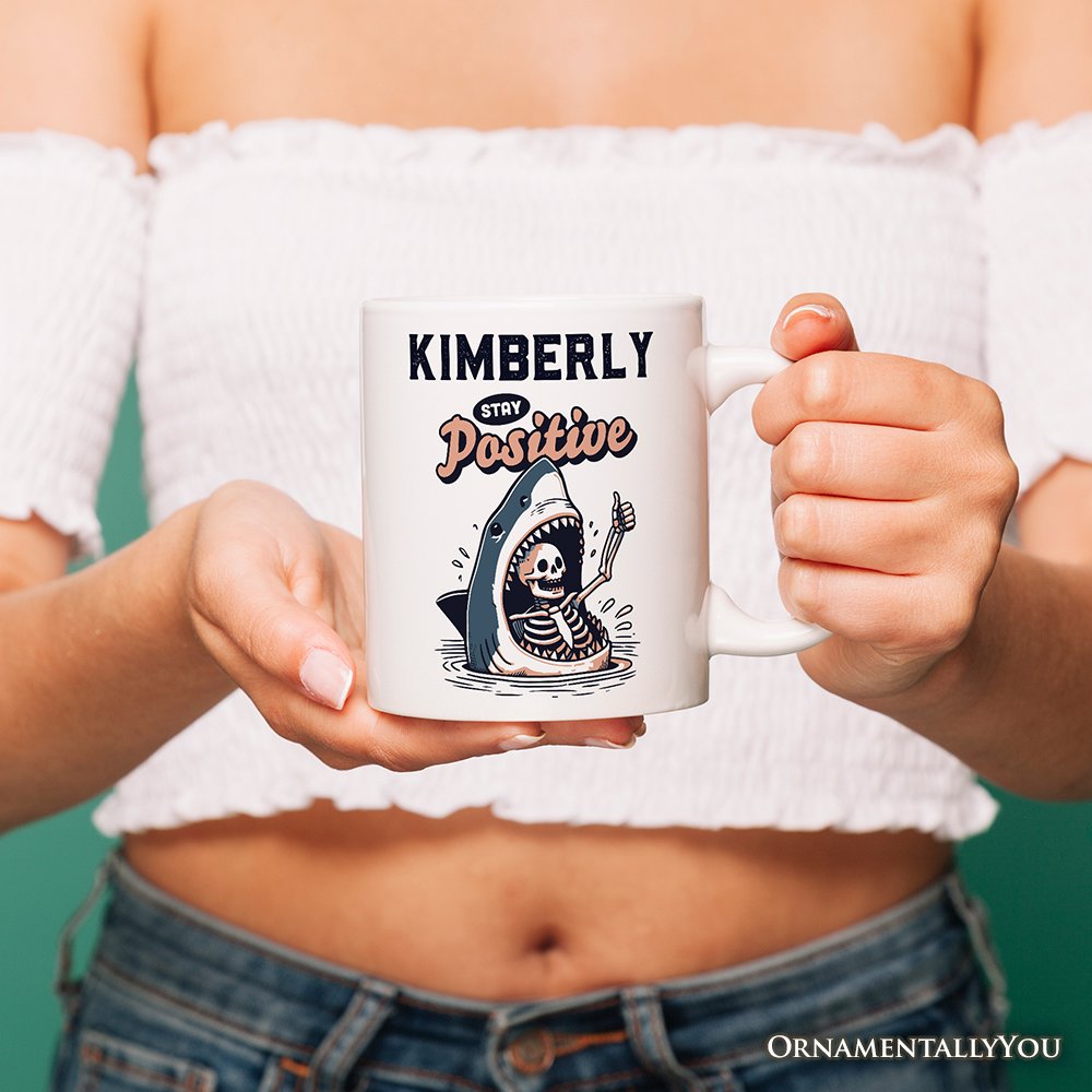 Stay Positive Funny Shark and Skeleton Personalized Mug
